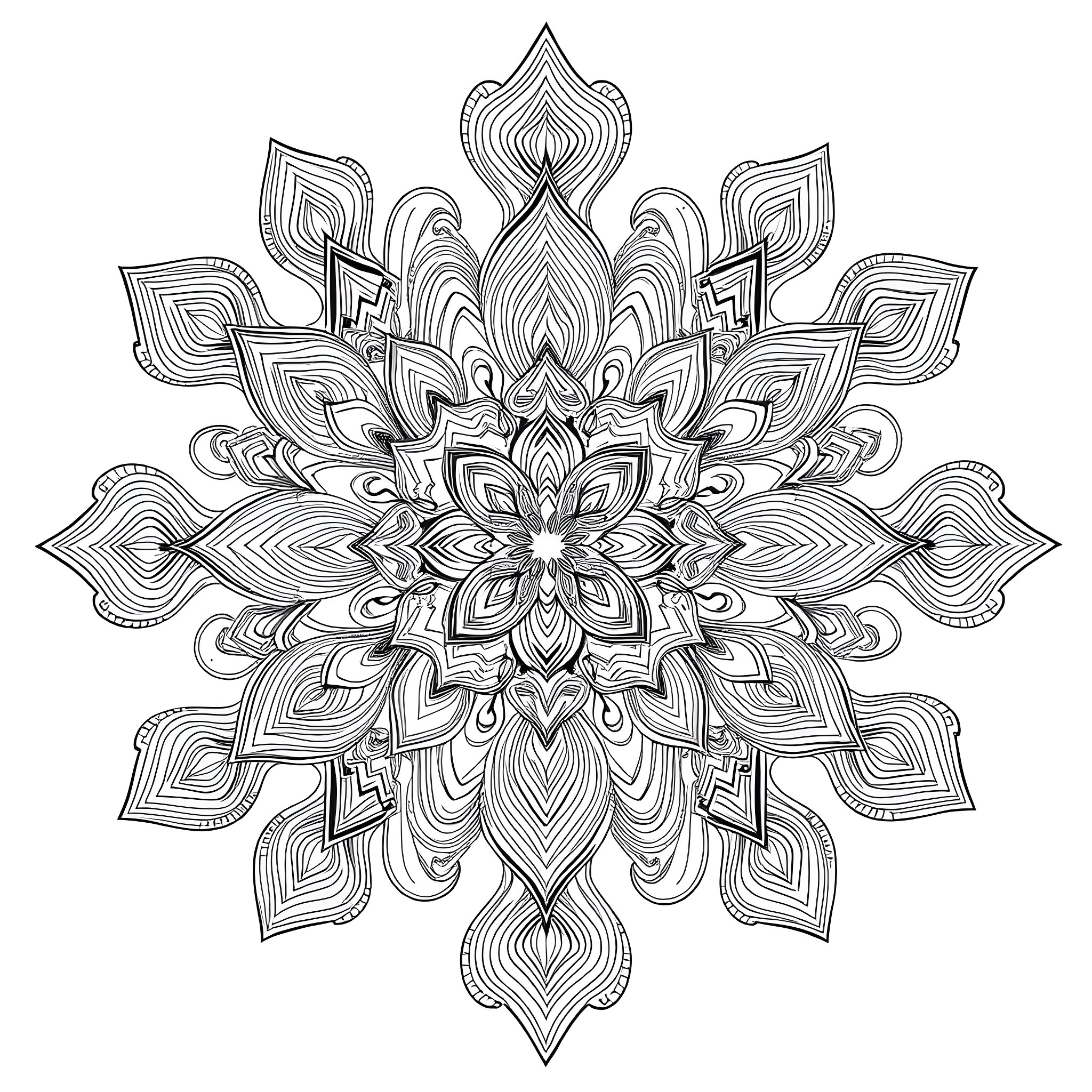 Pattern of intricately detailed flower-like mandala Coloring Page (free black-and-white line drawing printable PDF for all, from beginners to advanced learners, including children, teens, adults, and seniors)