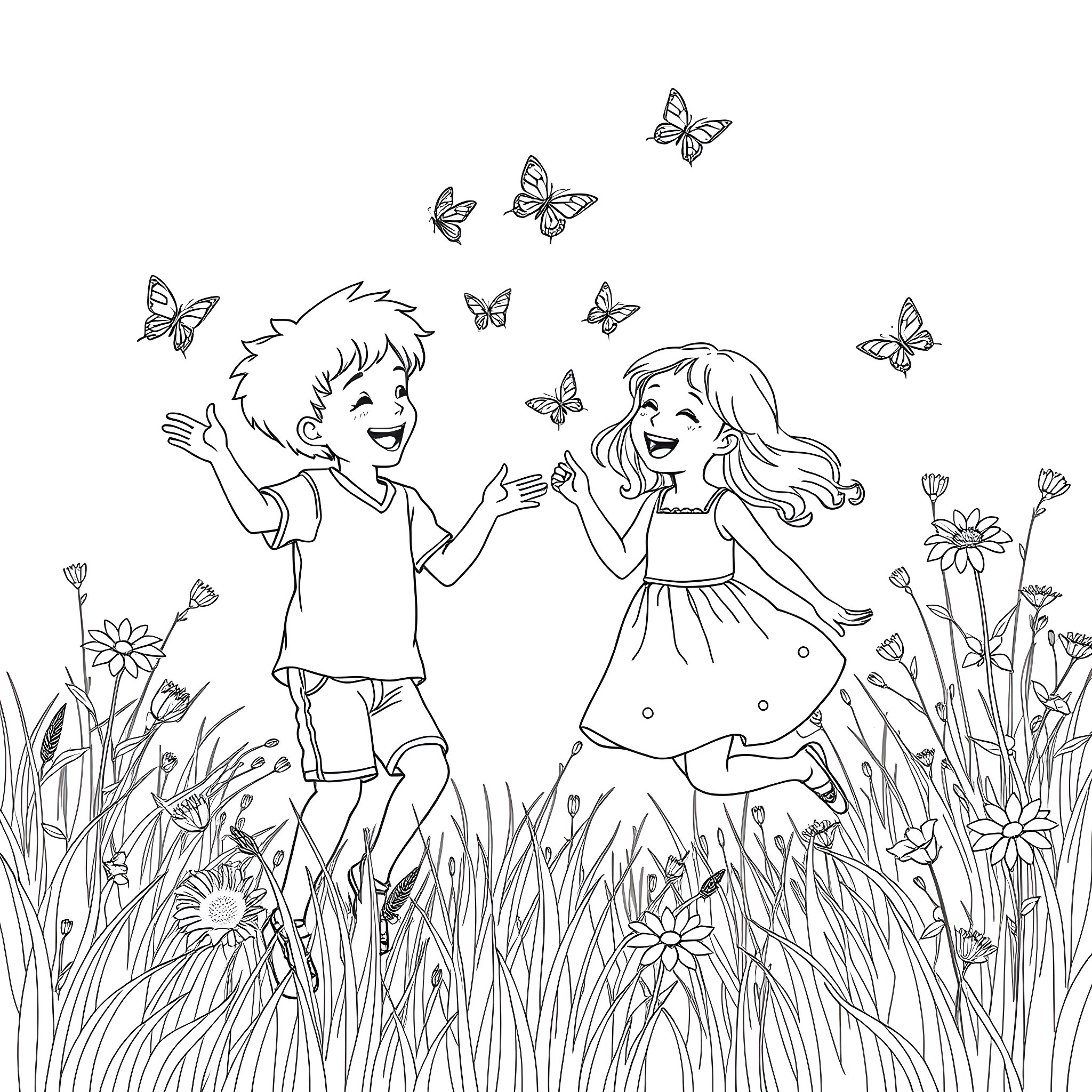 Boy and girl chasing butterflies in the meadow Coloring Page (free black-and-white line drawing printable PDF for all, from beginners to advanced learners, including children, teens, adults, and seniors)