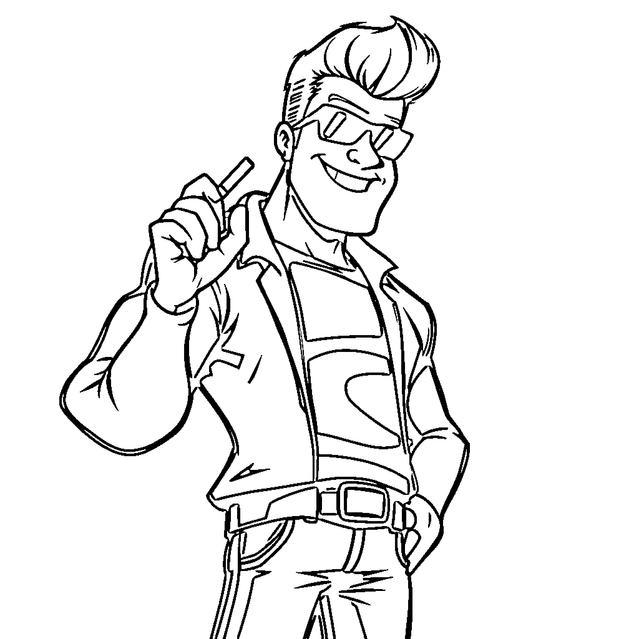 Johnny Bravo's Confident Pose Coloring Page (free black-and-white line drawing printable PDF for all, from beginners to advanced learners, including children, teens, adults, and seniors)