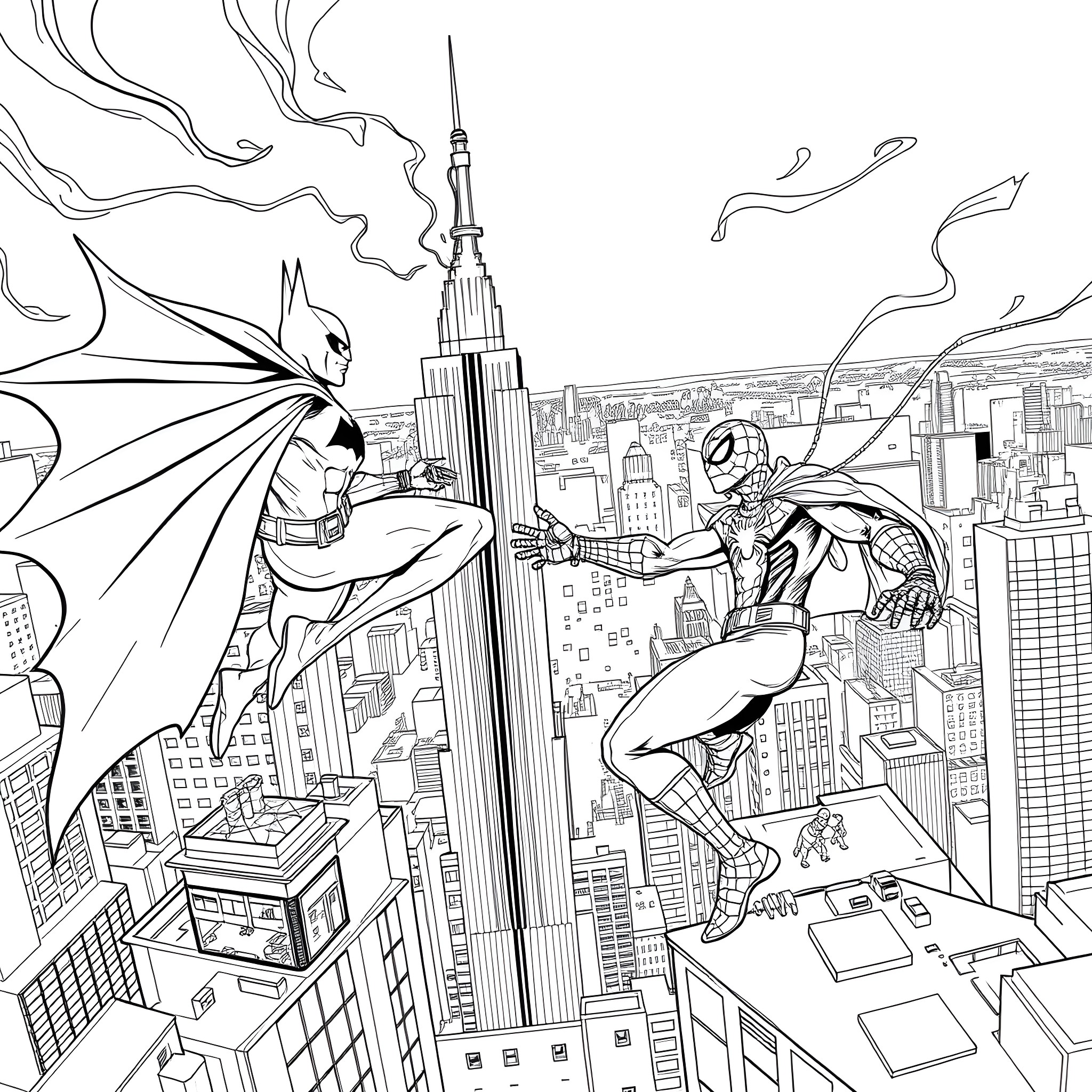 Batman and Spider-Man battle atop a towering city skyline Coloring Page (free black-and-white line drawing printable PDF for all, from beginners to advanced learners, including children, teens, adults, and seniors)