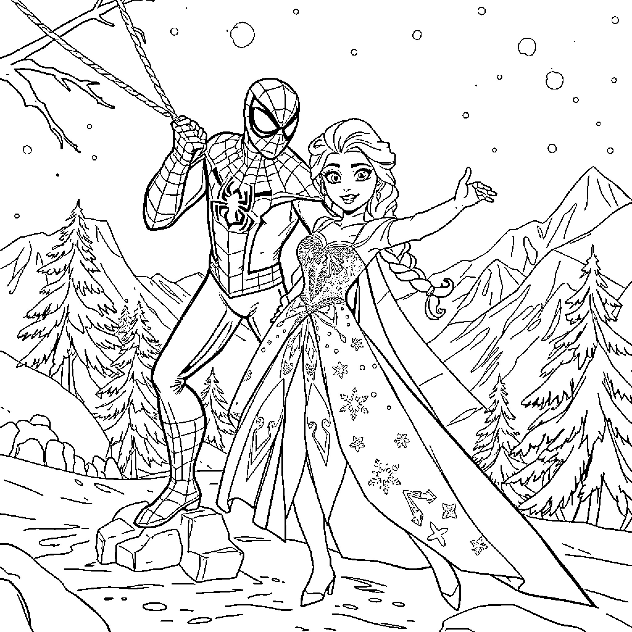 Frozen superheroes in winter wonderland adventure Coloring Page (free black-and-white line drawing printable PDF for all, from beginners to advanced learners, including children, teens, adults, and seniors)