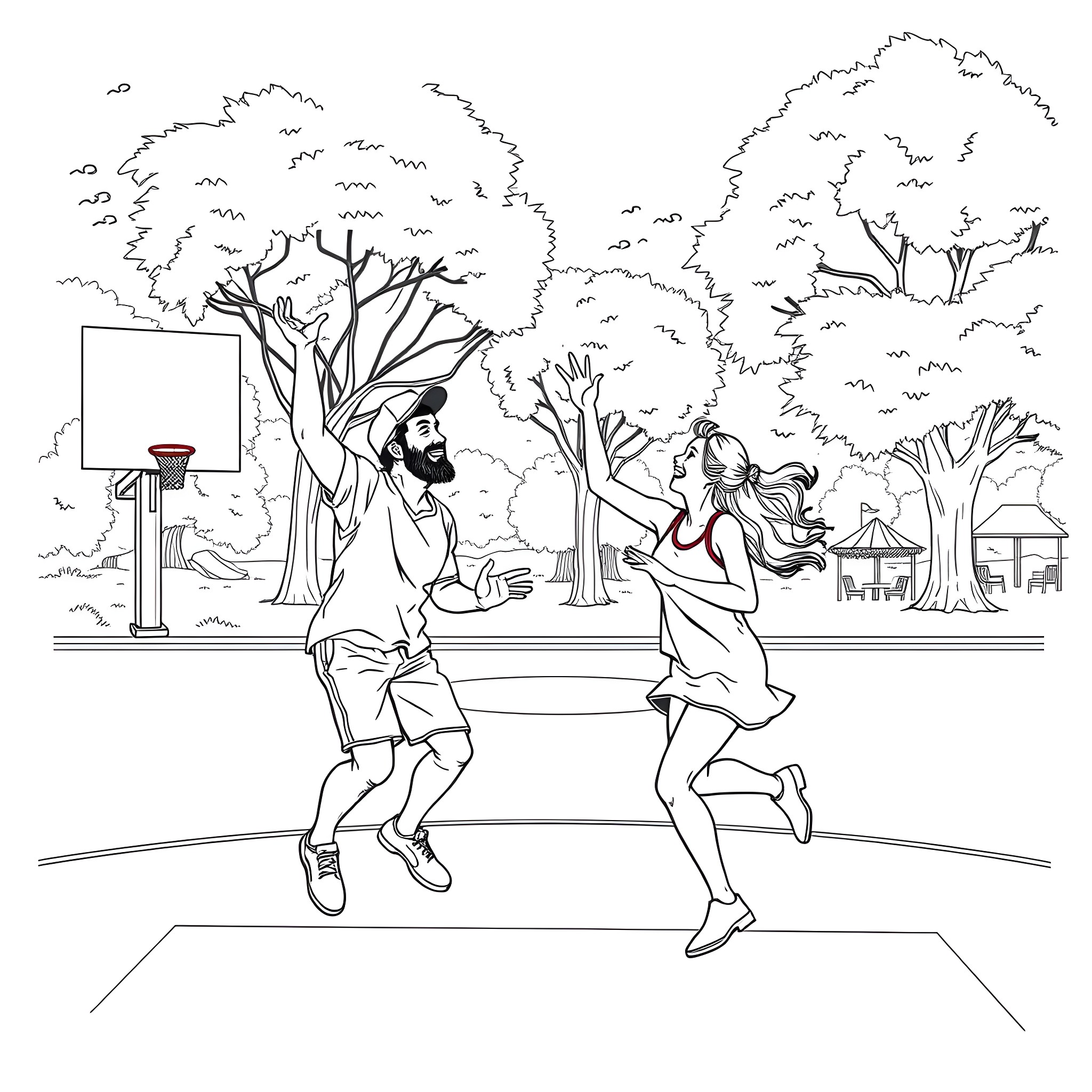 Basketball game in the park with lively players Coloring Page (free black-and-white line drawing printable PDF for all, from beginners to advanced learners, including children, teens, adults, and seniors)