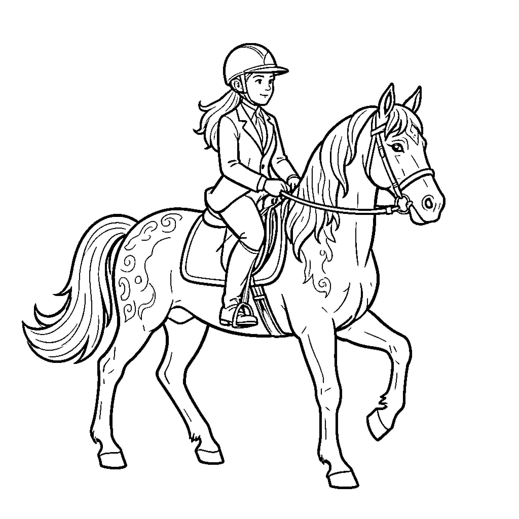 Cavalier riding a horse with focused expression Coloring Page (free black-and-white line drawing printable PDF for all, from beginners to advanced learners, including children, teens, adults, and seniors)