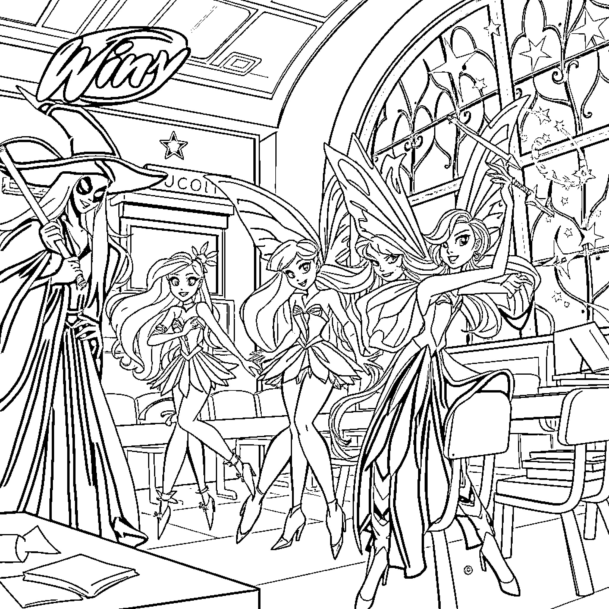 Winx Fairies Explore a Magical Realm Coloring Page (free black-and-white line drawing printable PDF for all, from beginners to advanced learners, including children, teens, adults, and seniors)