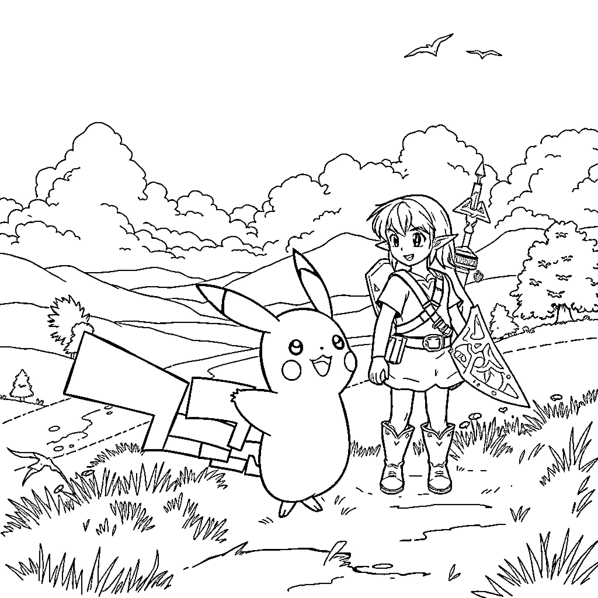 Pikachu and Trainer Exploring the Countryside Coloring Page (free black-and-white line drawing printable PDF for all, from beginners to advanced learners, including children, teens, adults, and seniors)