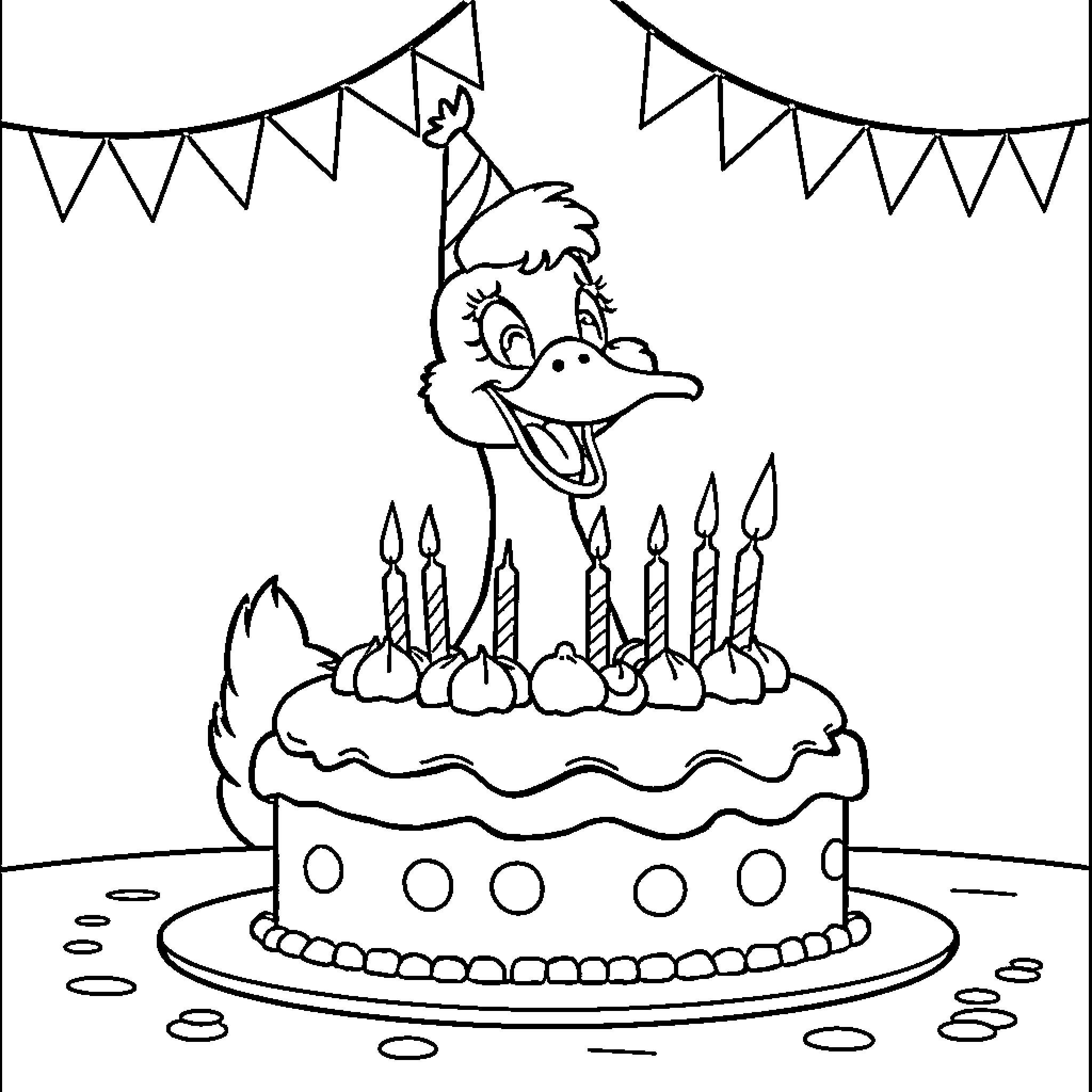 Goose celebrating birthday with cake and decorations Coloring Page (free black-and-white line drawing printable PDF for all, from beginners to advanced learners, including children, teens, adults, and seniors)