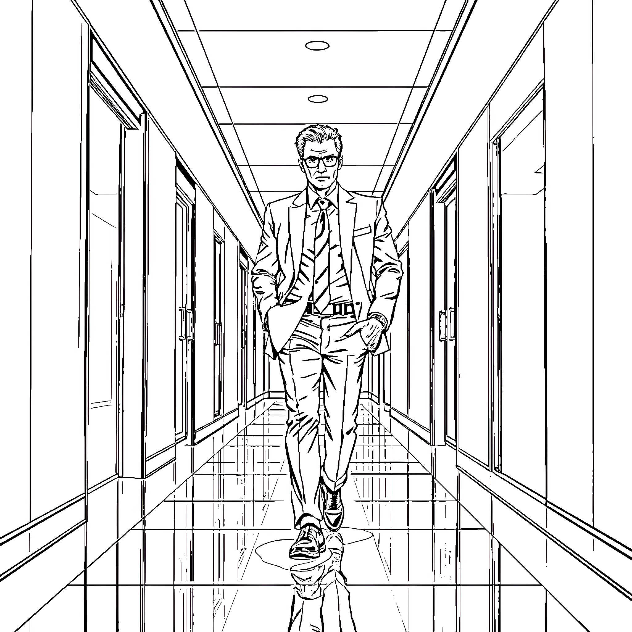 Patrick Bateman's Chilling Corporate Office Stroll Coloring Page (free black-and-white line drawing printable PDF for all, from beginners to advanced learners, including children, teens, adults, and seniors)