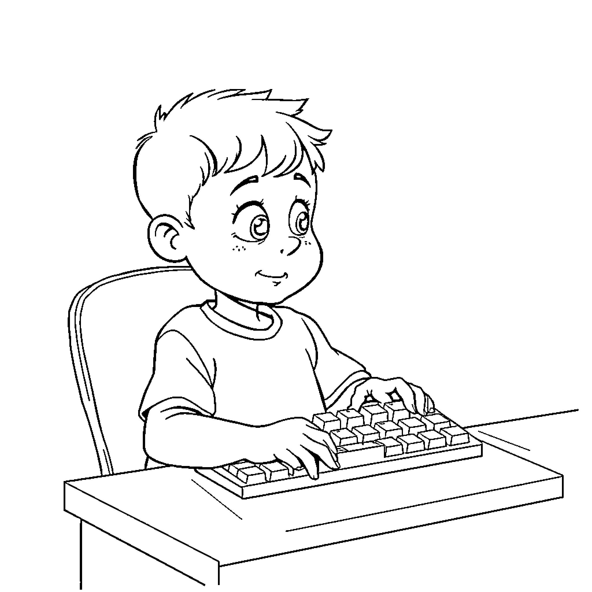 Kid diligently typing on computer keyboard Coloring Page (free black-and-white line drawing printable PDF for all, from beginners to advanced learners, including children, teens, adults, and seniors)