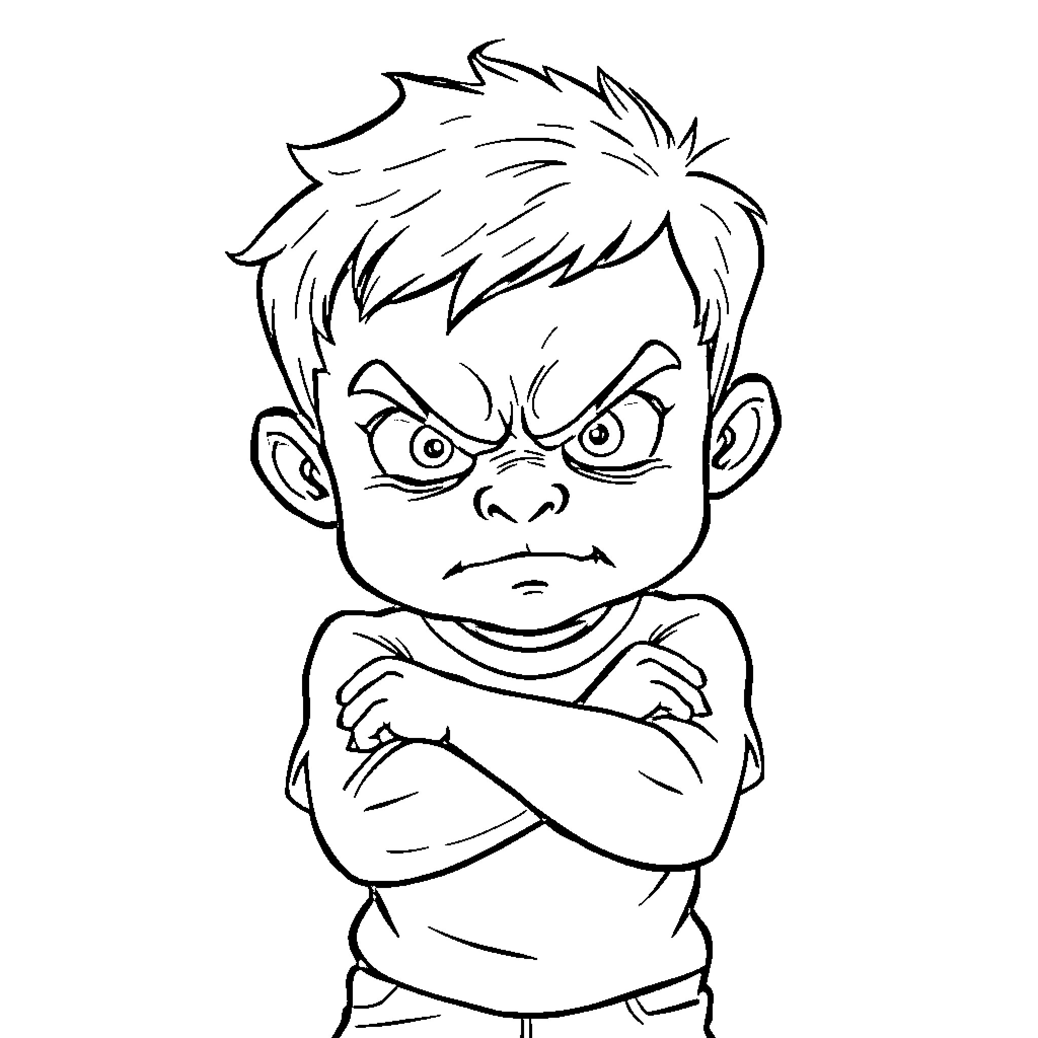 Child expressing displeasure with folded arms Coloring Page (free black-and-white line drawing printable PDF for all, from beginners to advanced learners, including children, teens, adults, and seniors)