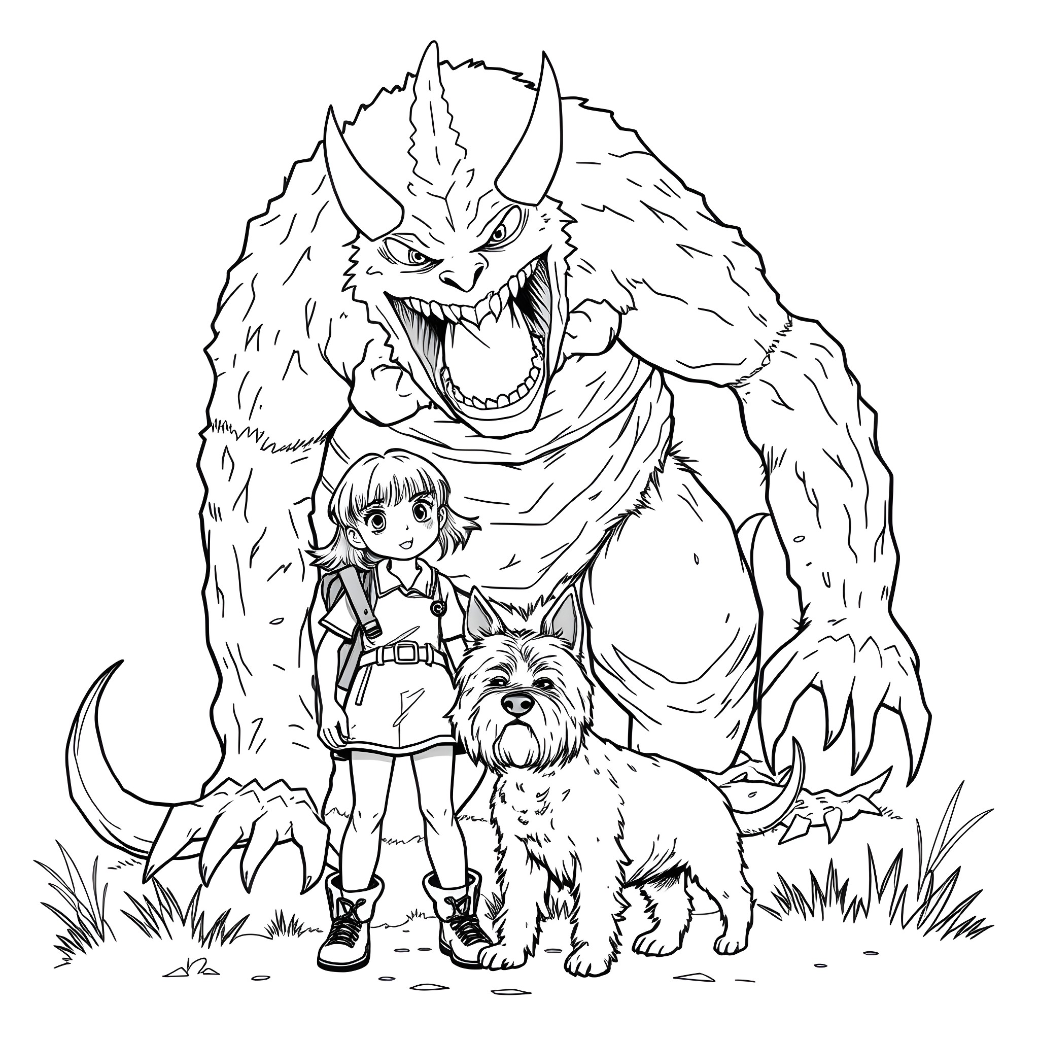 Girl and her pet dog face a fearsome monster Coloring Page (free black-and-white line drawing printable PDF for all, from beginners to advanced learners, including children, teens, adults, and seniors)