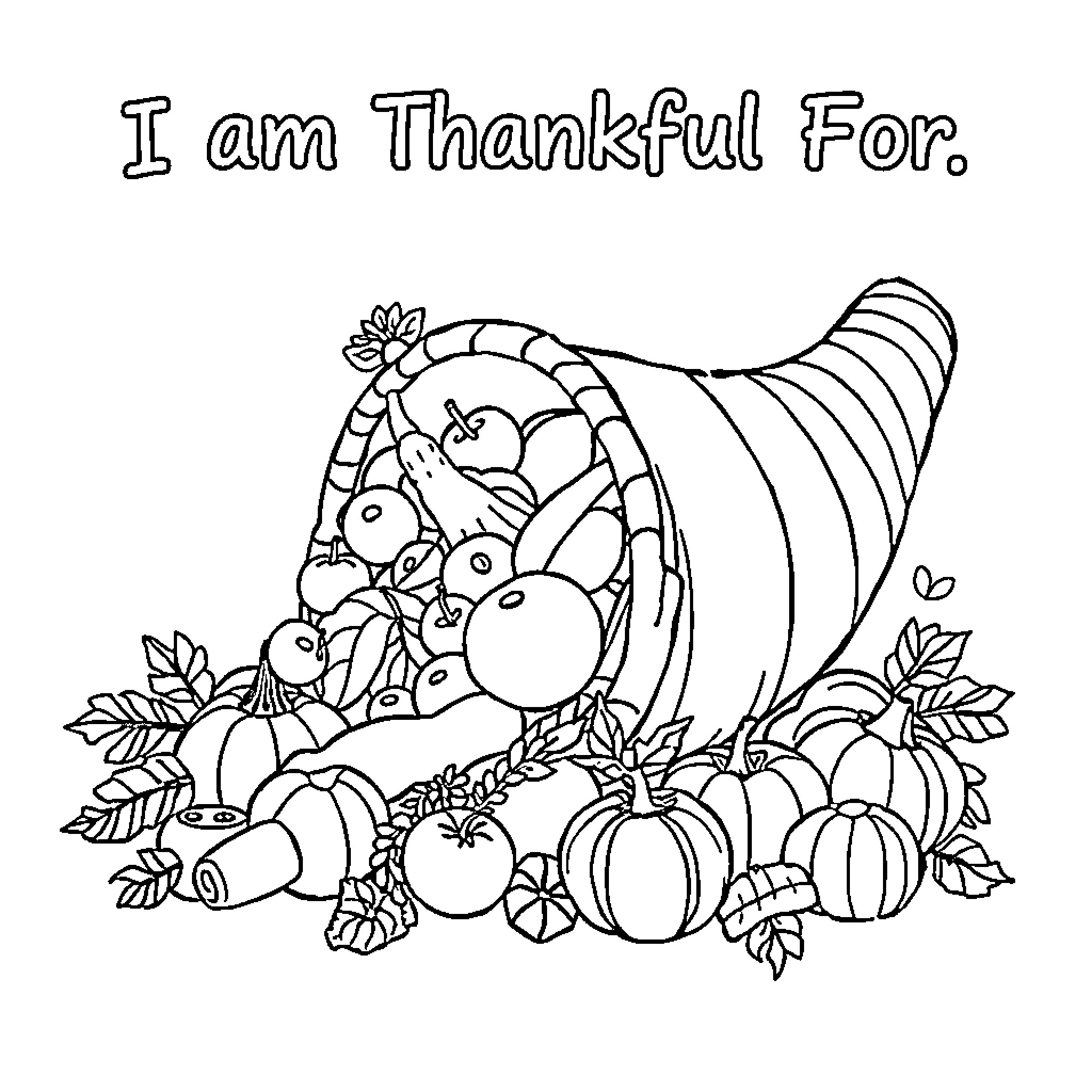 Cornucopia of Thanksgiving Blessings Coloring Page (free black-and-white line drawing printable PDF for all, from beginners to advanced learners, including children, teens, adults, and seniors)
