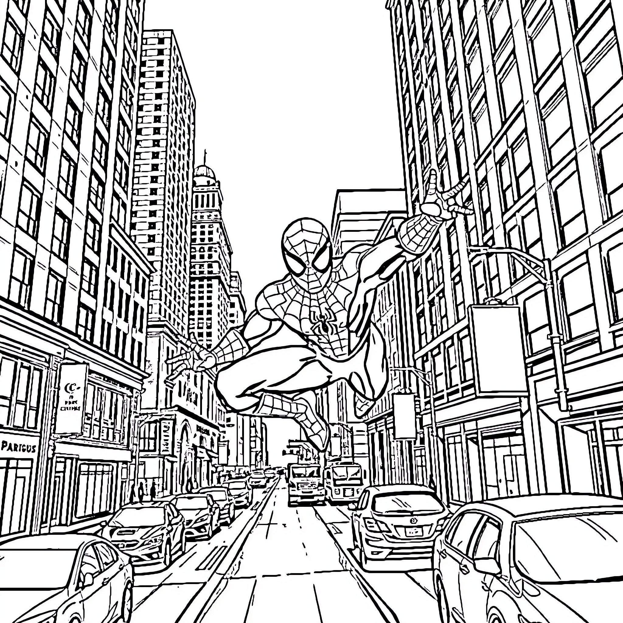 Spiderman swinging through the bustling cityscape Coloring Page (free black-and-white line drawing printable PDF for all, from beginners to advanced learners, including children, teens, adults, and seniors)