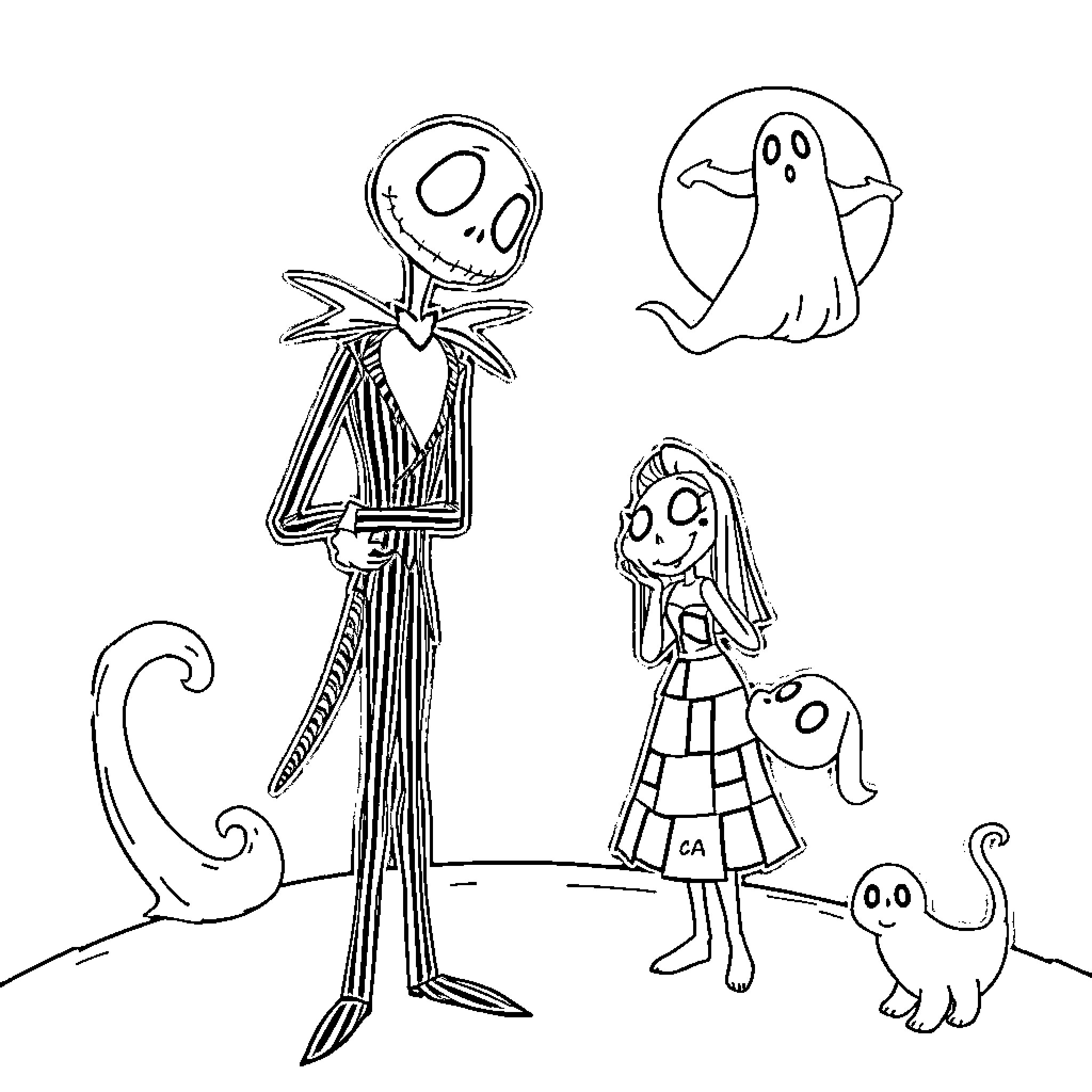 Jack Skellington and friends in a spooky scene Coloring Page (free black-and-white line drawing printable PDF for all, from beginners to advanced learners, including children, teens, adults, and seniors)