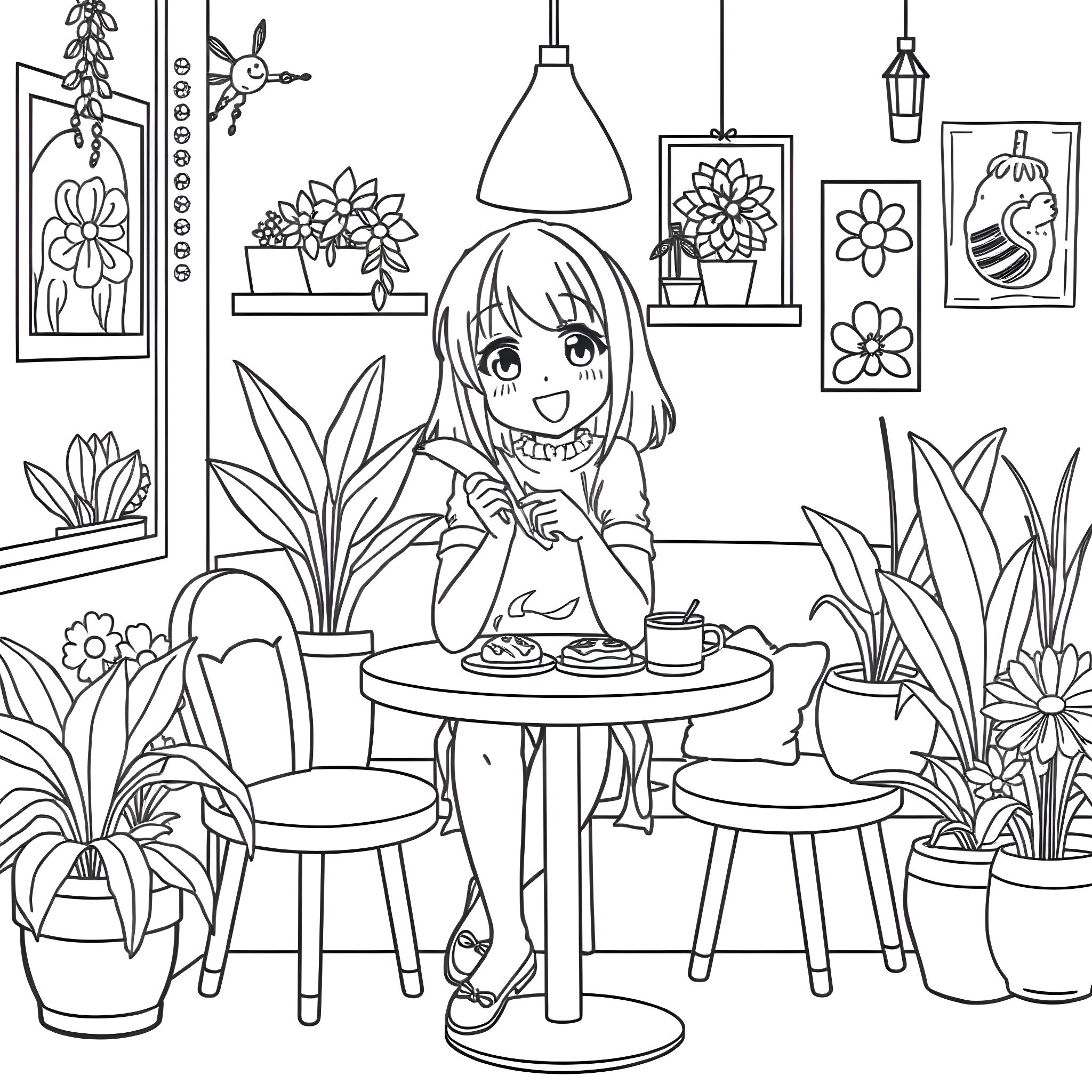 Anime Girl Enjoying a Cozy Cafe Setting Coloring Page (free black-and-white line drawing printable PDF for all, from beginners to advanced learners, including children, teens, adults, and seniors)