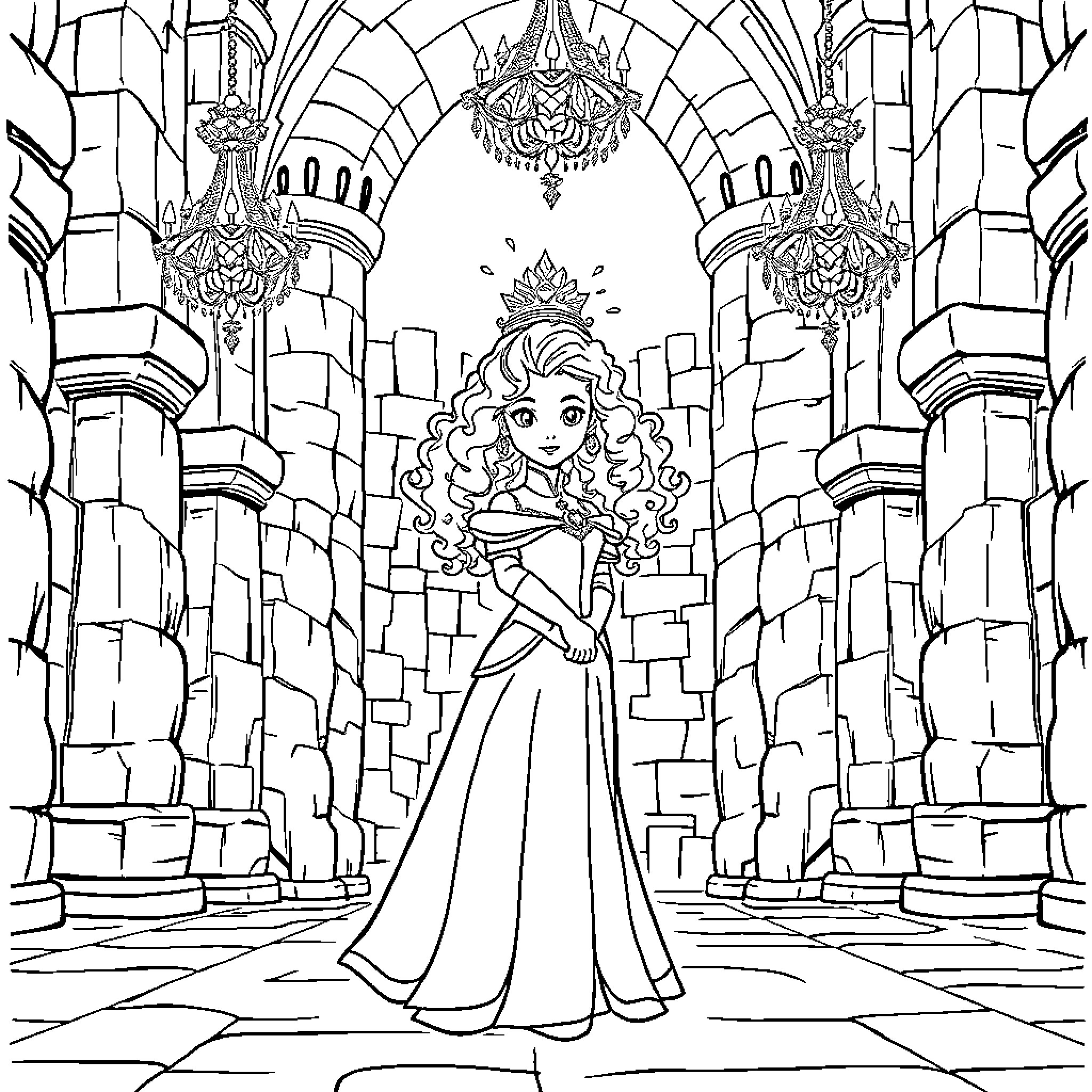 Princess posing in a grand castle hall Coloring Page (free black-and-white line drawing printable PDF for all, from beginners to advanced learners, including children, teens, adults, and seniors)