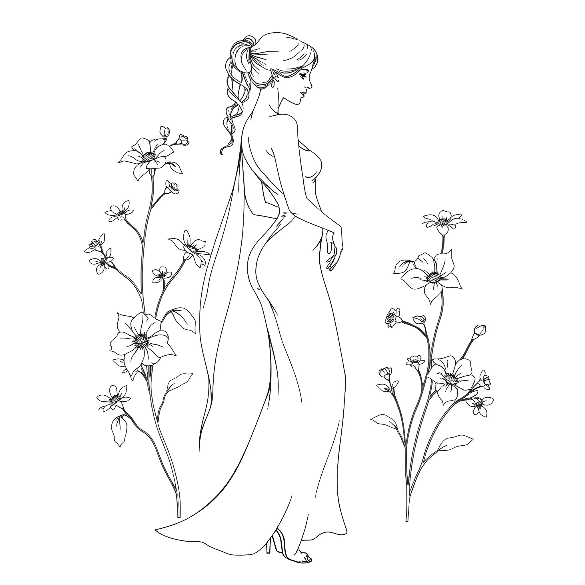 Woman in elegant flowing dress surrounded by flowers Coloring Page (free black-and-white line drawing printable PDF for all, from beginners to advanced learners, including children, teens, adults, and seniors)