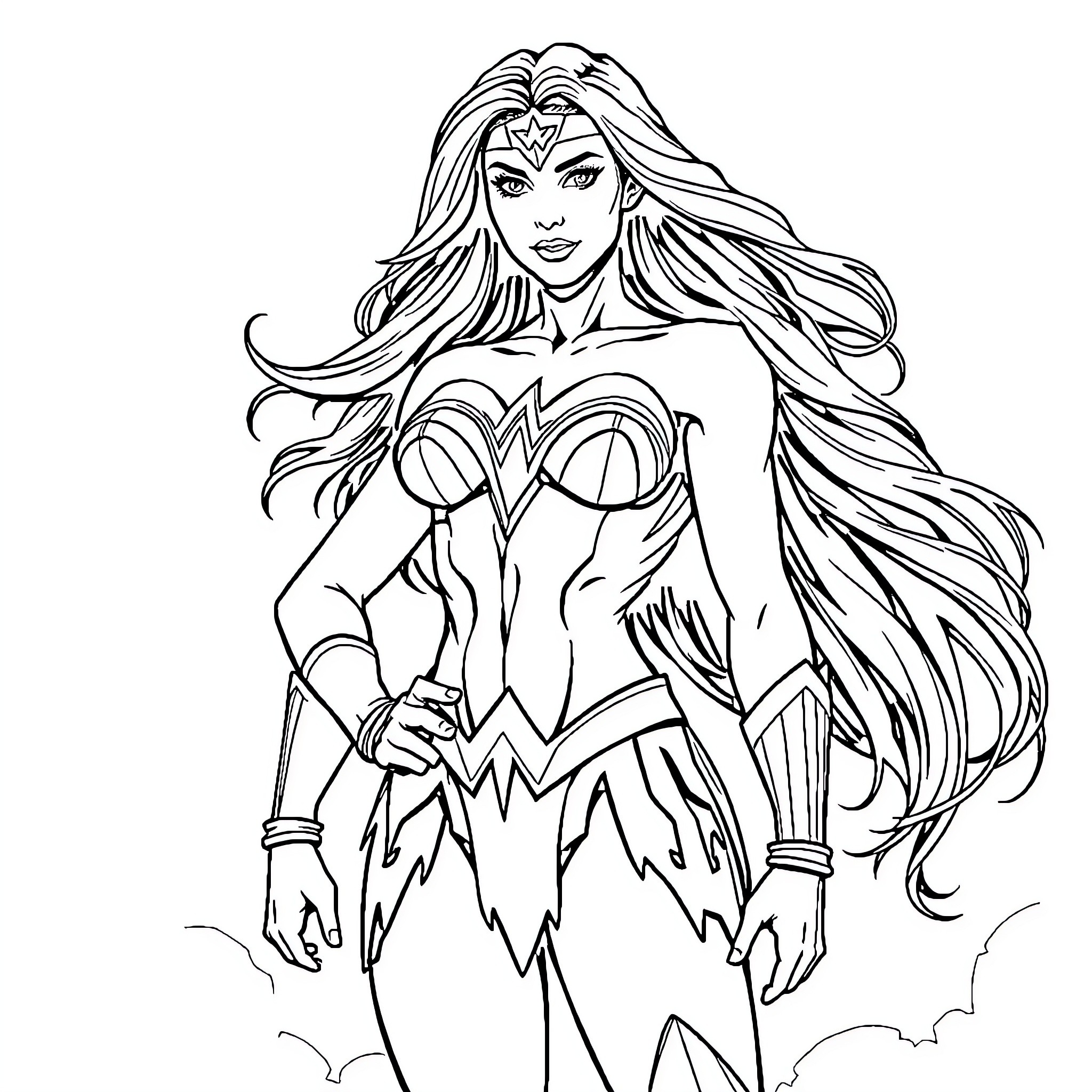 Wonder Woman in heroic action pose Coloring Page (free black-and-white line drawing printable PDF for all, from beginners to advanced learners, including children, teens, adults, and seniors)