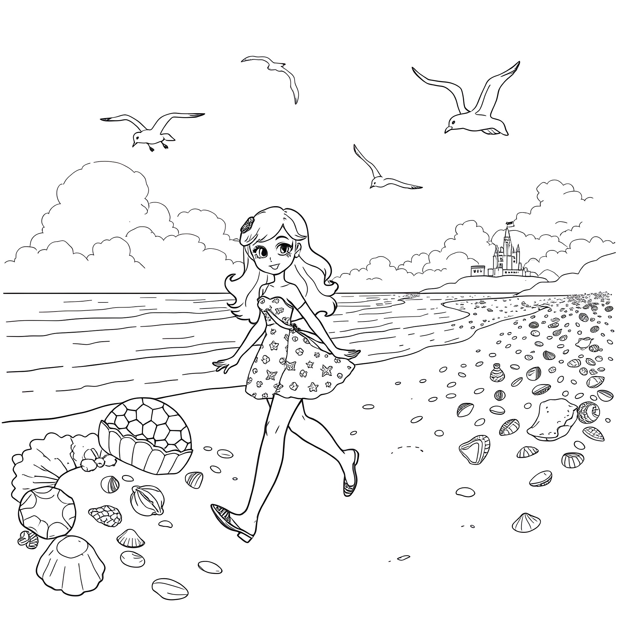 Daphne walking along the beach with seagulls Coloring Page (free black-and-white line drawing printable PDF for all, from beginners to advanced learners, including children, teens, adults, and seniors)