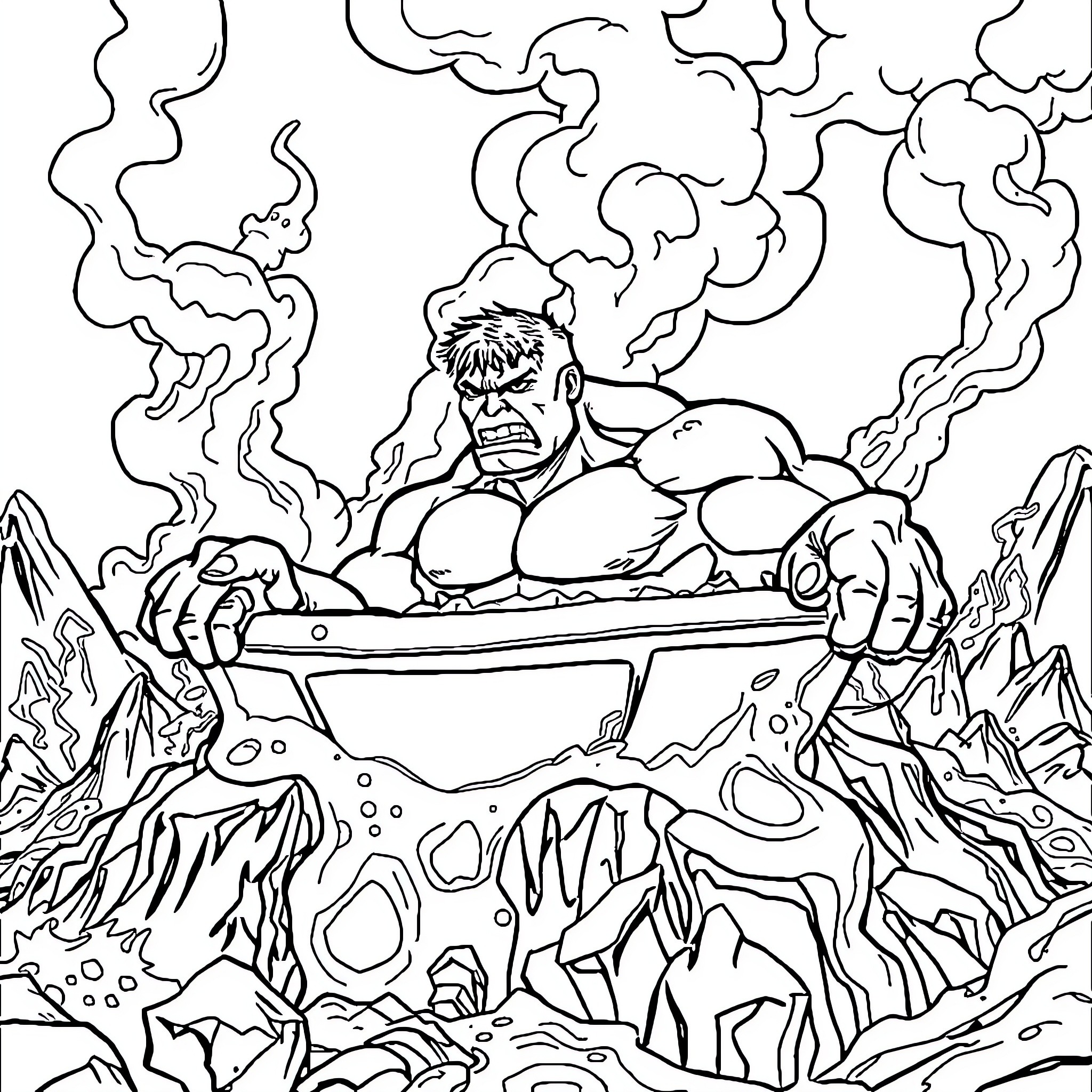 Hulk emerging from a rocky terrain with intense expression Coloring Page (free black-and-white line drawing printable PDF for all, from beginners to advanced learners, including children, teens, adults, and seniors)