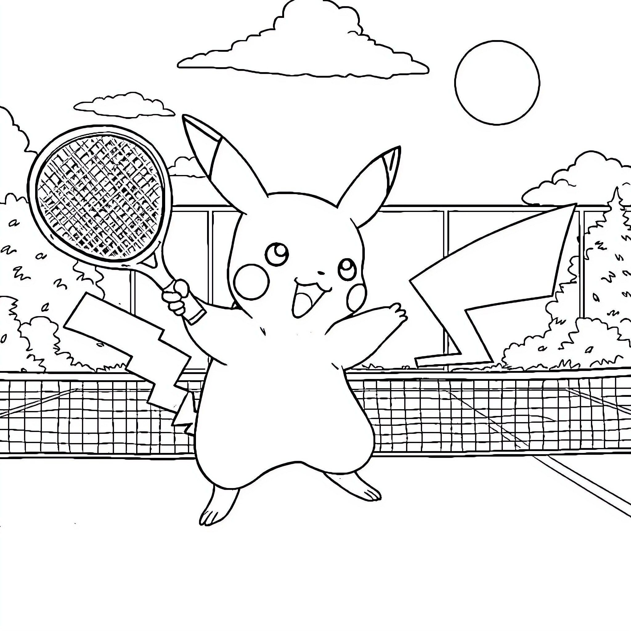 Pikachu playing tennis in a sports arena Coloring Page (free black-and-white line drawing printable PDF for all, from beginners to advanced learners, including children, teens, adults, and seniors)
