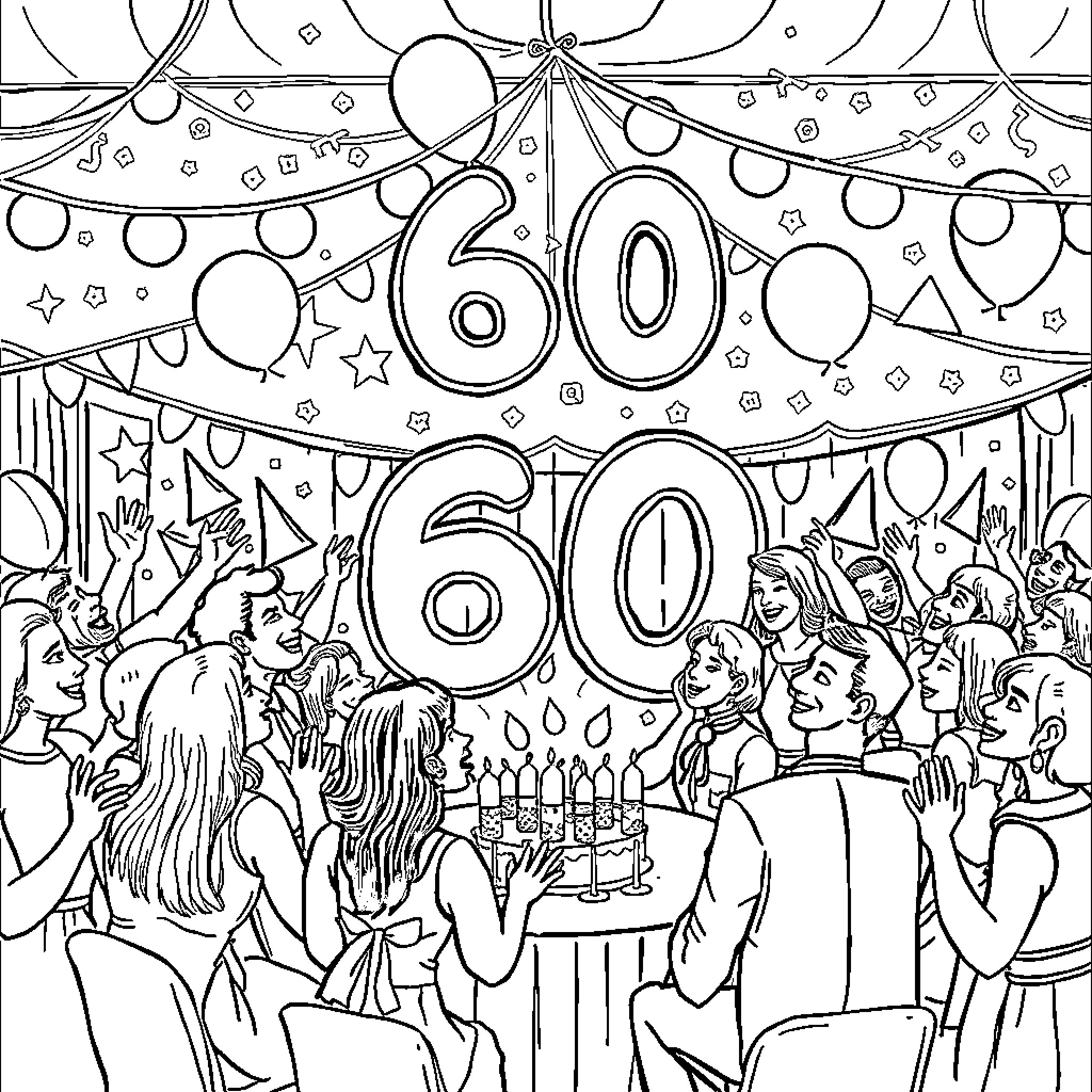 Birthday Celebration with Festive Decorations and Crowd Coloring Page (free black-and-white line drawing printable PDF for all, from beginners to advanced learners, including children, teens, adults, and seniors)