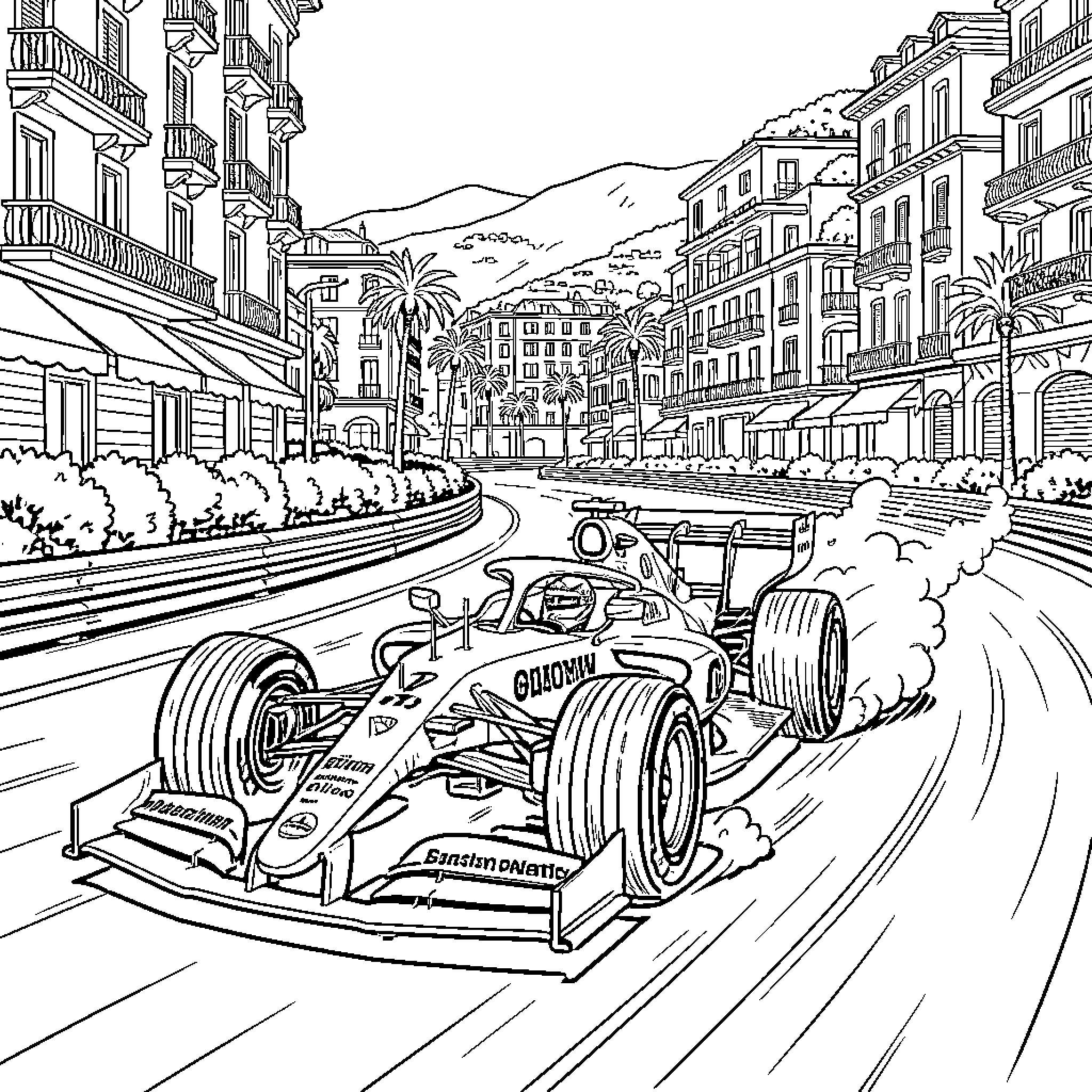 Race Car speeding through a winding city street Coloring Page (free black-and-white line drawing printable PDF for all, from beginners to advanced learners, including children, teens, adults, and seniors)