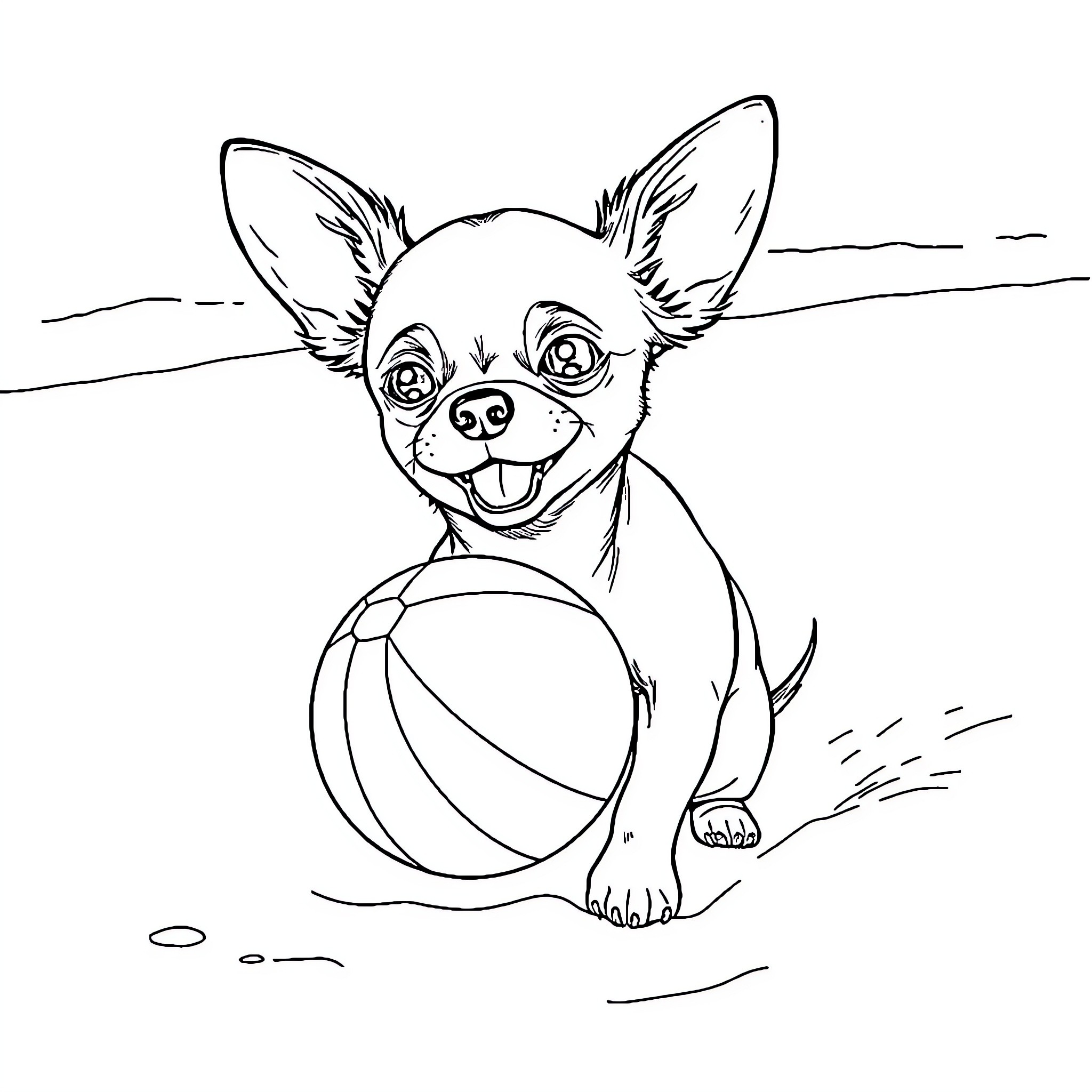 Chihuahua playing with a ball in the park Coloring Page (free black-and-white line drawing printable PDF for all, from beginners to advanced learners, including children, teens, adults, and seniors)
