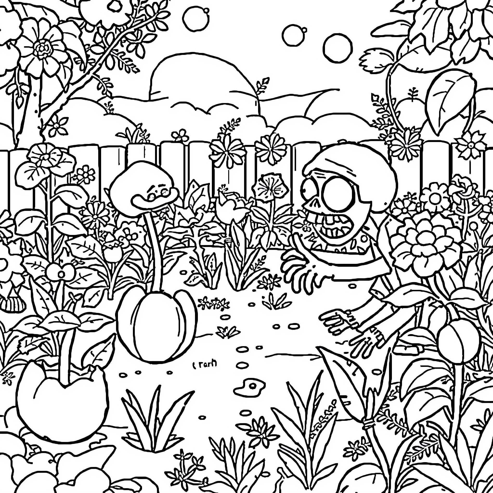 Plants vs. Zombies: Colorful Garden Battle Coloring Page (free black-and-white line drawing printable PDF for all, from beginners to advanced learners, including children, teens, adults, and seniors)