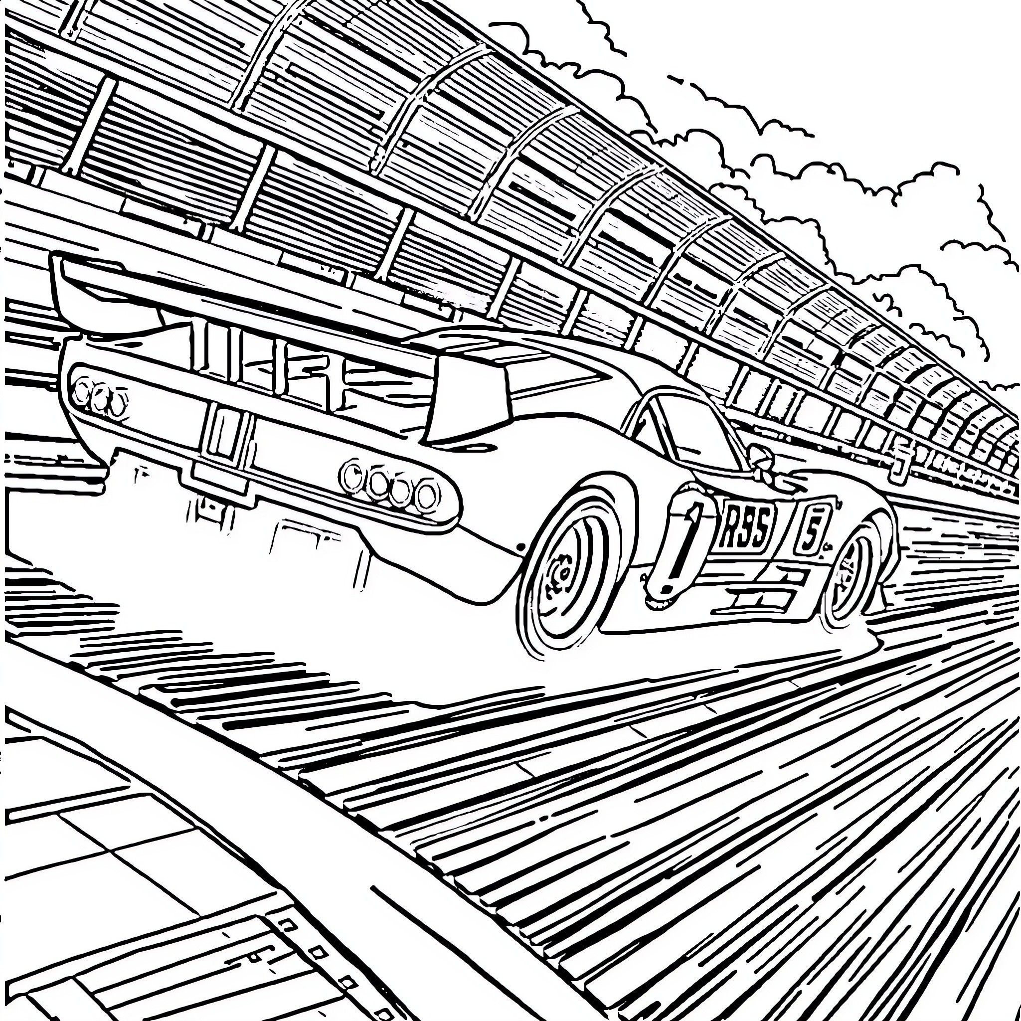 Racing Car speeding on racetrack amid clouds Coloring Page (free black-and-white line drawing printable PDF for all, from beginners to advanced learners, including children, teens, adults, and seniors)
