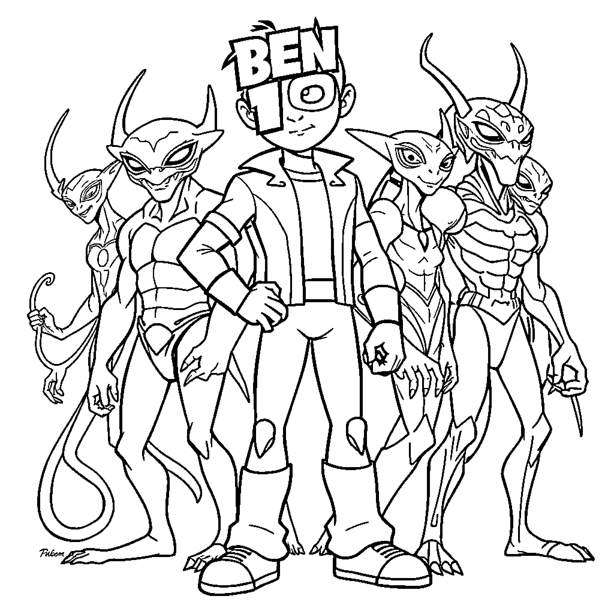 Ben 10 and his alien heroes in action Coloring Page (free black-and-white line drawing printable PDF for all, from beginners to advanced learners, including children, teens, adults, and seniors)