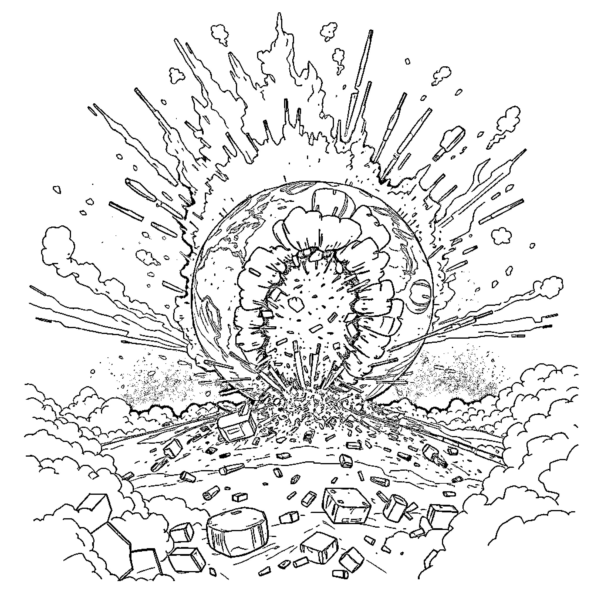 Planet Erupting in Dramatic Cosmic Explosion Coloring Page (free black-and-white line drawing printable PDF for all, from beginners to advanced learners, including children, teens, adults, and seniors)