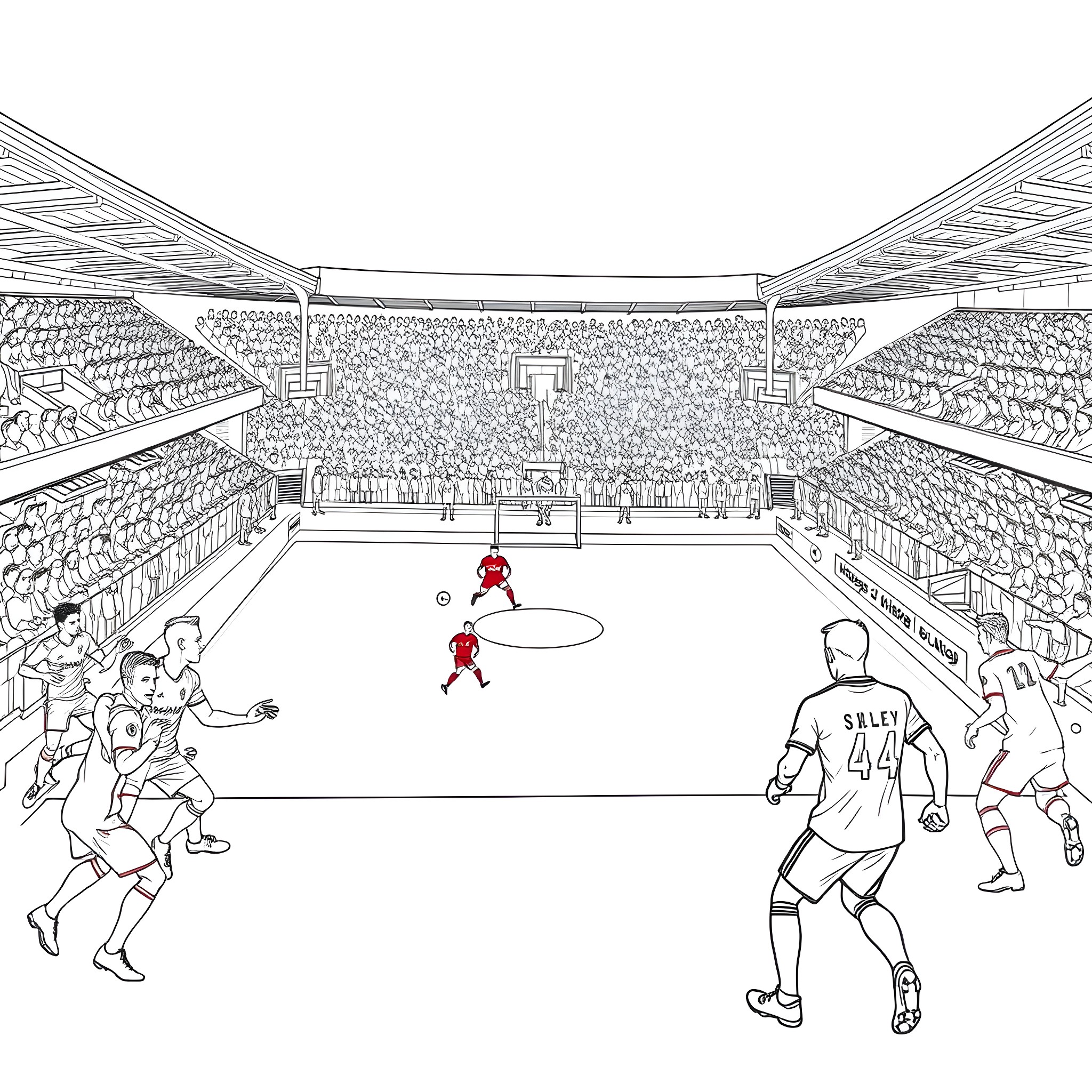 Liverpool footballers in action on the stadium pitch Coloring Page (free black-and-white line drawing printable PDF for all, from beginners to advanced learners, including children, teens, adults, and seniors)