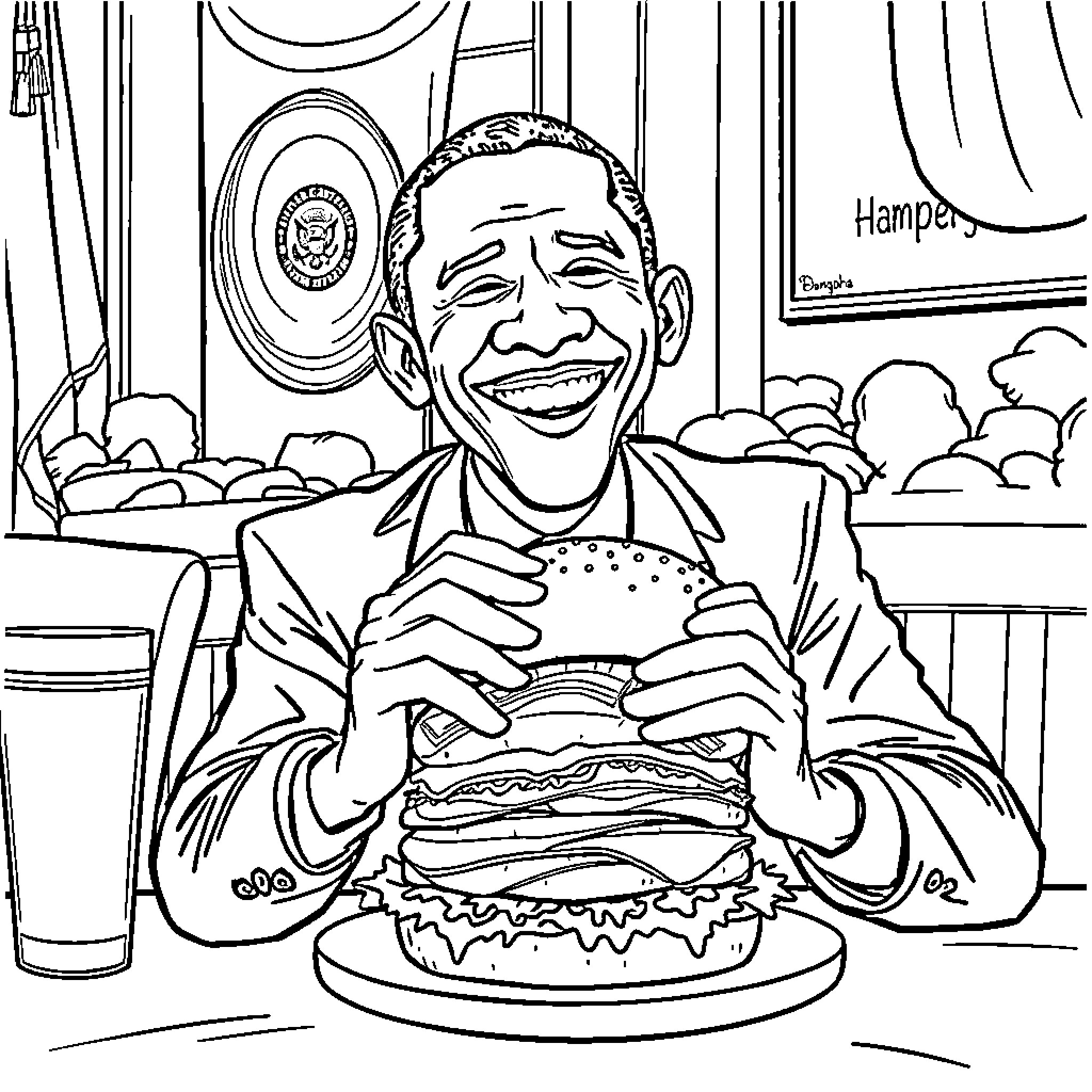 Obama Enjoying a Hearty Meal Coloring Page (free black-and-white line drawing printable PDF for all, from beginners to advanced learners, including children, teens, adults, and seniors)