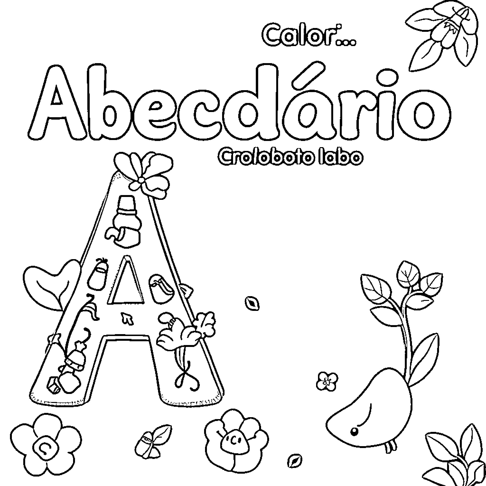 Alphabet with nature elements and utensils Coloring Page (free black-and-white line drawing printable PDF for all, from beginners to advanced learners, including children, teens, adults, and seniors)