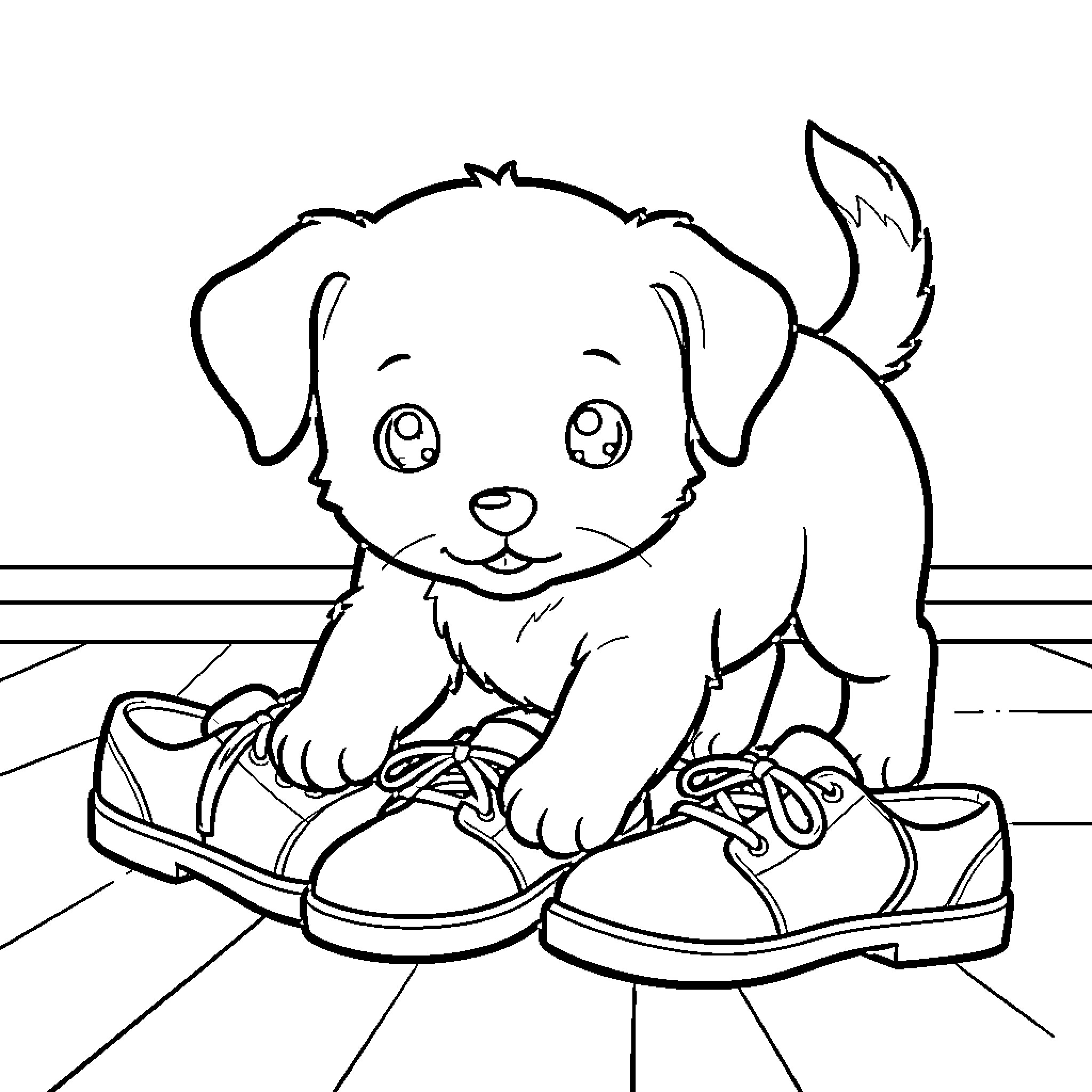 Dog playing in oversized shoes Coloring Page (free black-and-white line drawing printable PDF for all, from beginners to advanced learners, including children, teens, adults, and seniors)