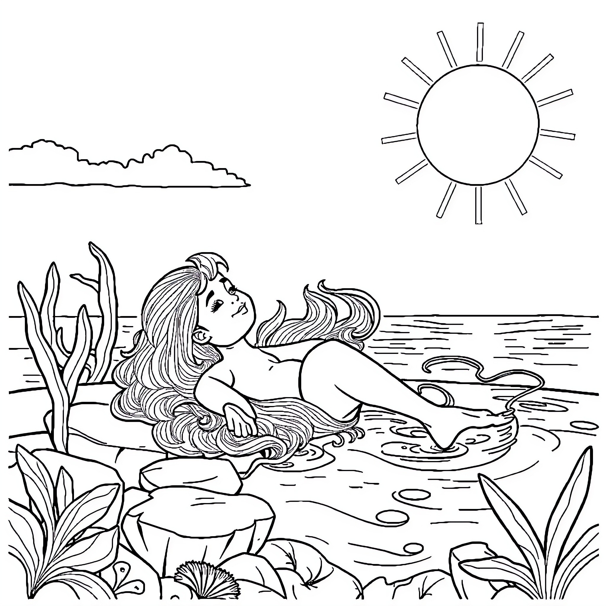 Cartethyia: Mermaid Basking in the Sun Coloring Page (free black-and-white line drawing printable PDF for all, from beginners to advanced learners, including children, teens, adults, and seniors)