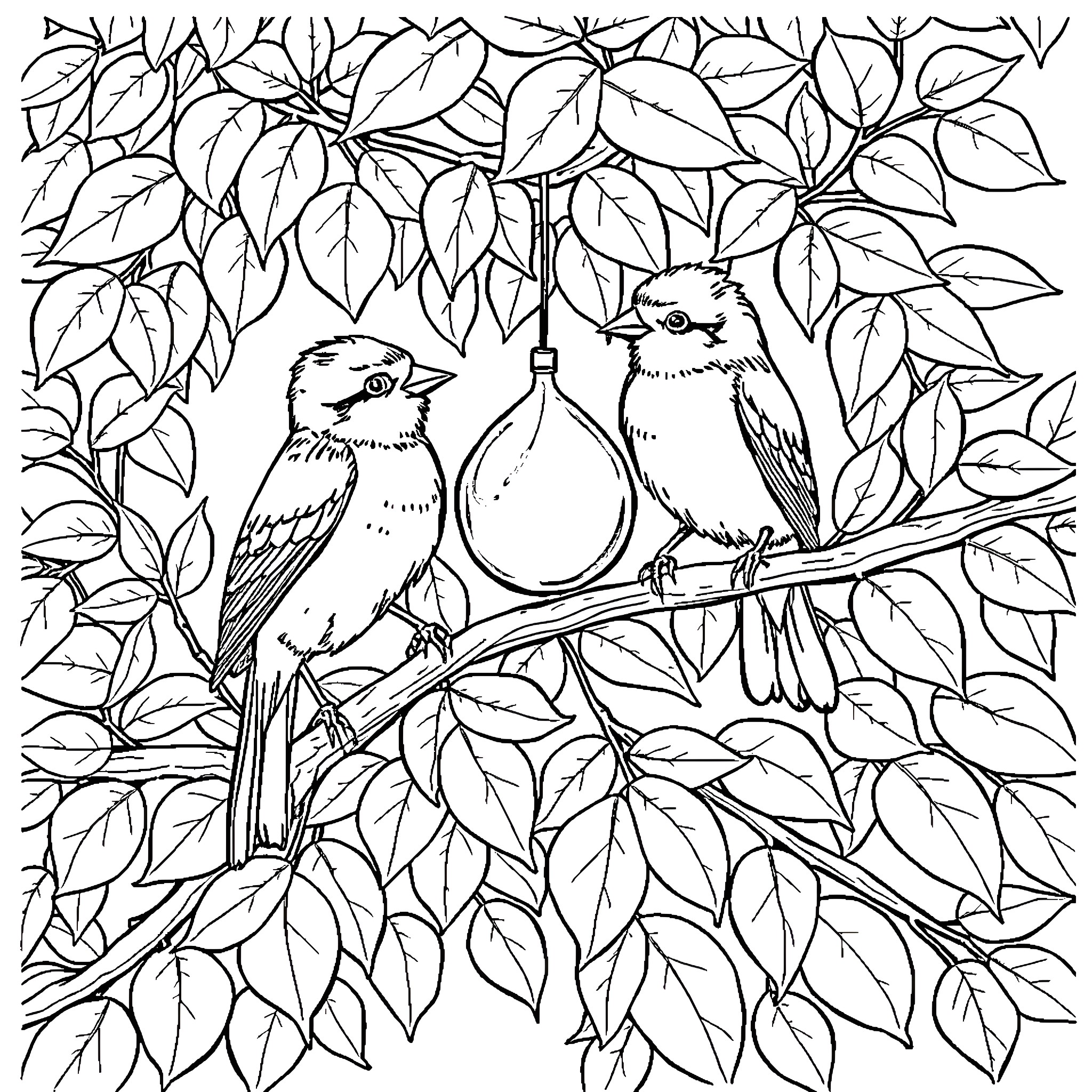 Squirrel birds perched on branch with lantern Coloring Page (free black-and-white line drawing printable PDF for all, from beginners to advanced learners, including children, teens, adults, and seniors)
