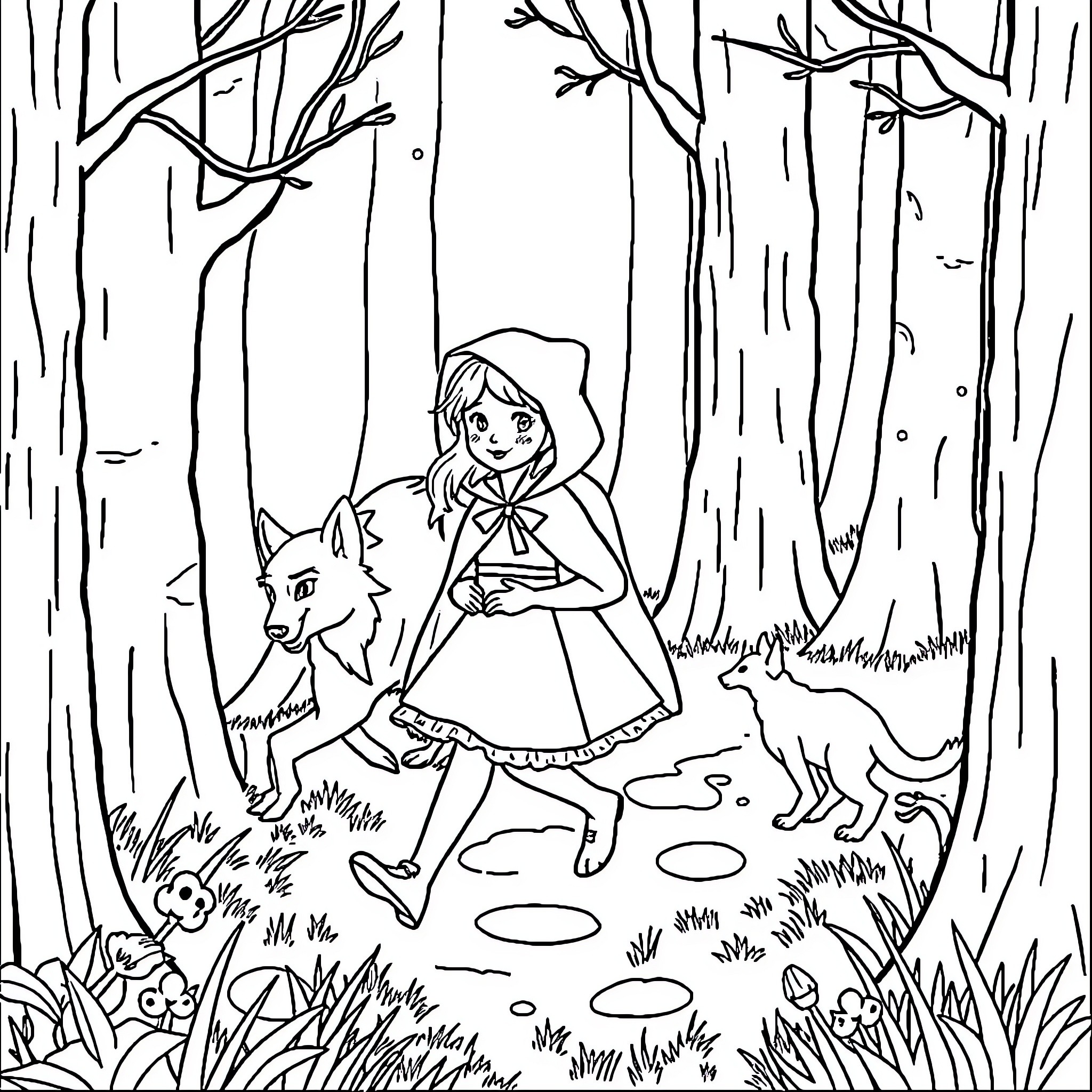 Little Red Riding Hood walks through the forest with her wolf companion Coloring Page (free black-and-white line drawing printable PDF for all, from beginners to advanced learners, including children, teens, adults, and seniors)
