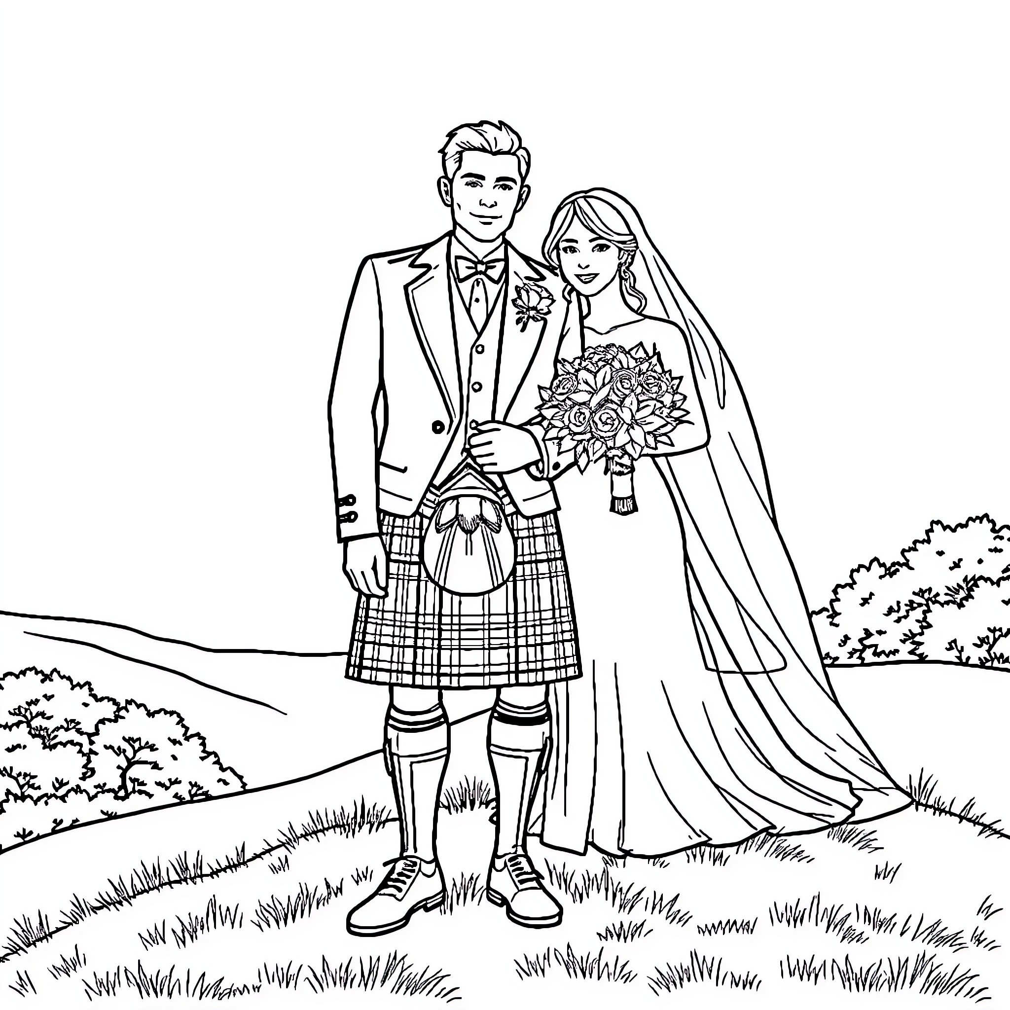 Groom and bride share a moment in outdoor wedding Coloring Page (free black-and-white line drawing printable PDF for all, from beginners to advanced learners, including children, teens, adults, and seniors)