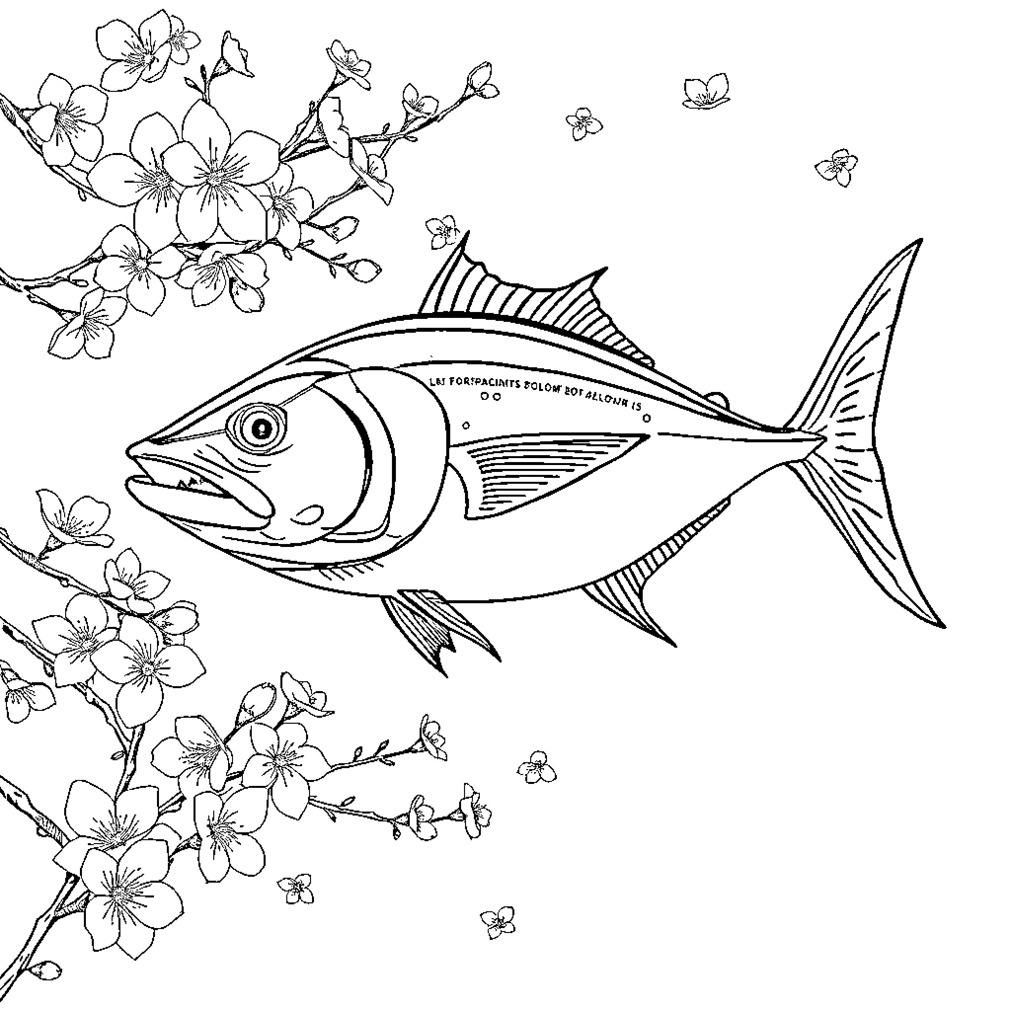 Tuna swimming among flowering branches Coloring Page (free black-and-white line drawing printable PDF for all, from beginners to advanced learners, including children, teens, adults, and seniors)