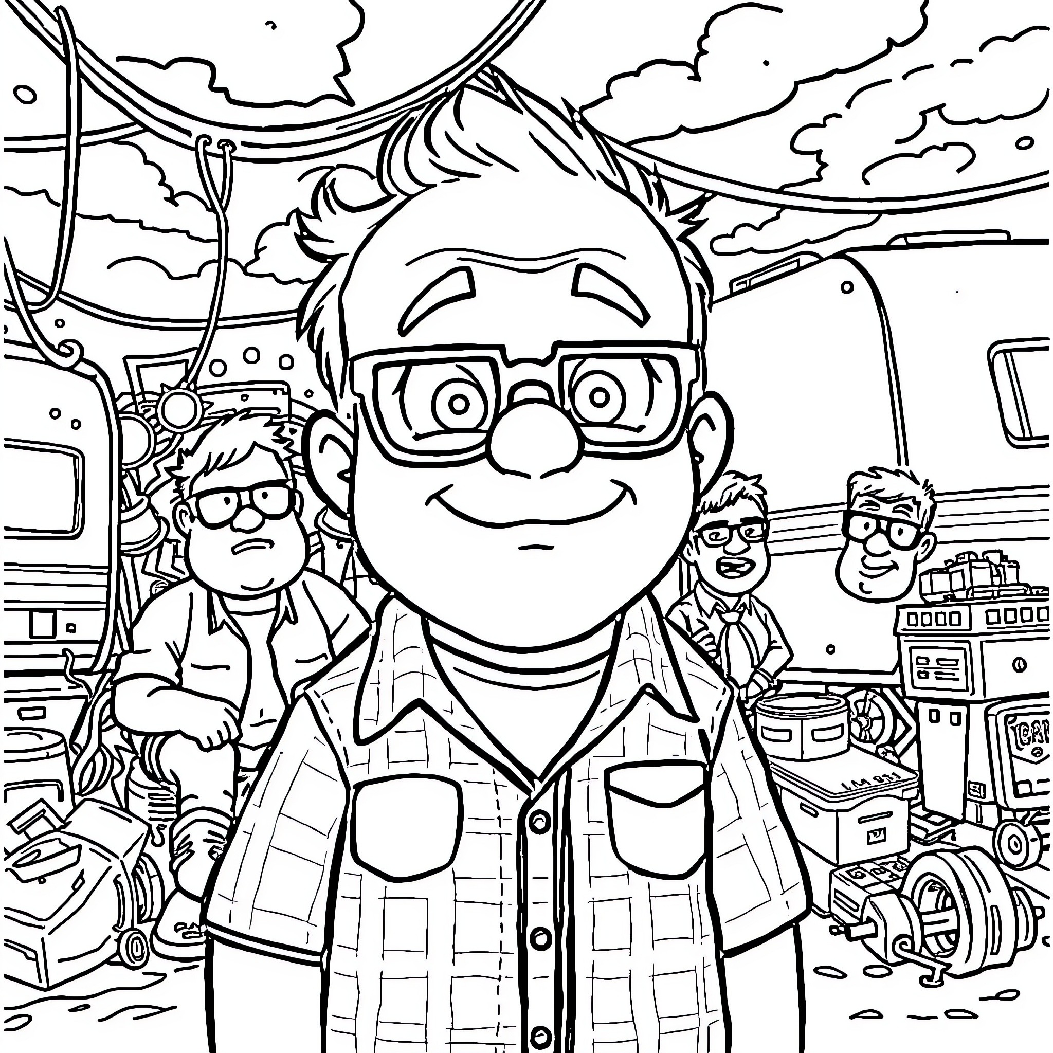 Bubble happy people in a technology-filled environment Coloring Page (free black-and-white line drawing printable PDF for all, from beginners to advanced learners, including children, teens, adults, and seniors)