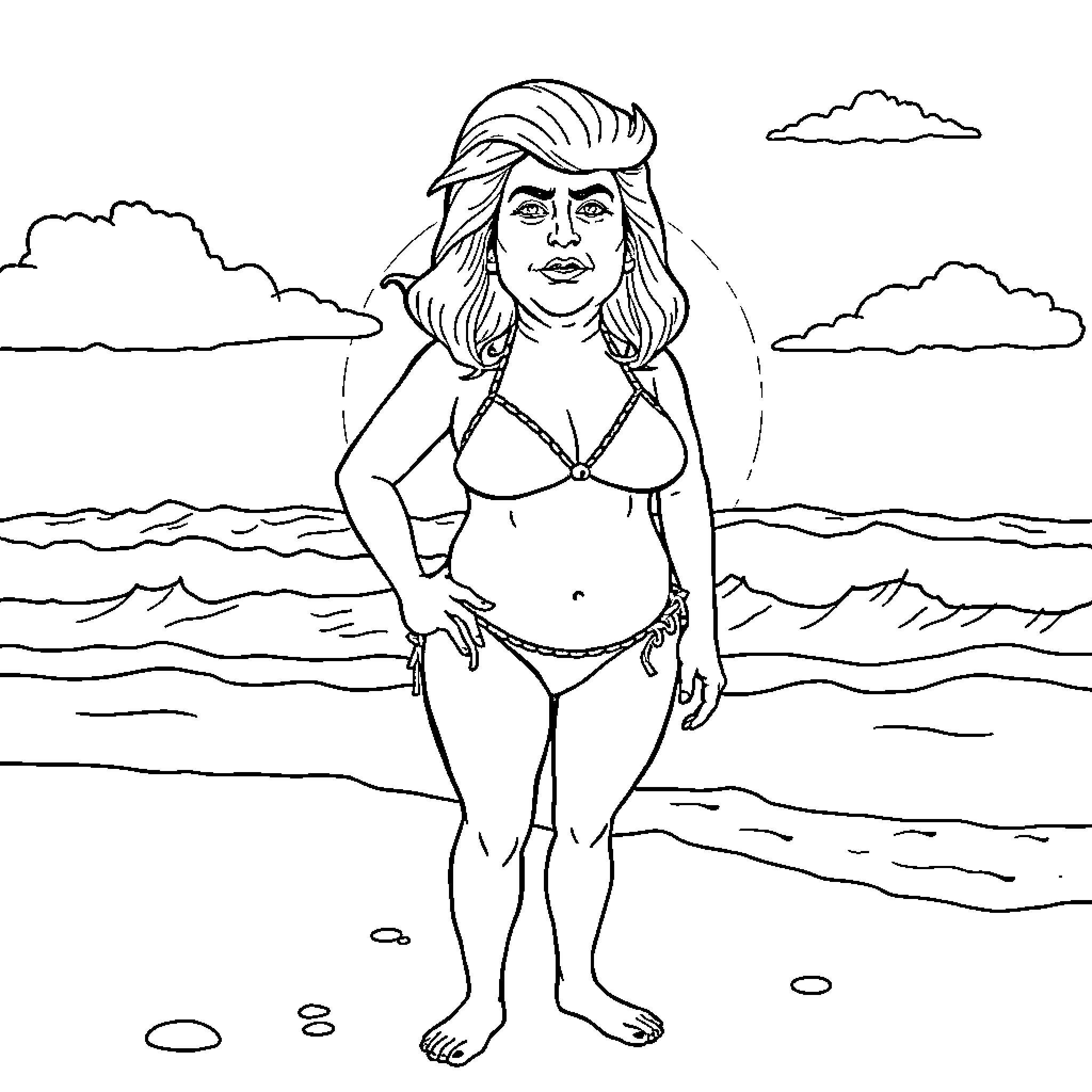 Trump Enjoying a Day at the Beach Coloring Page (free black-and-white line drawing printable PDF for all, from beginners to advanced learners, including children, teens, adults, and seniors)
