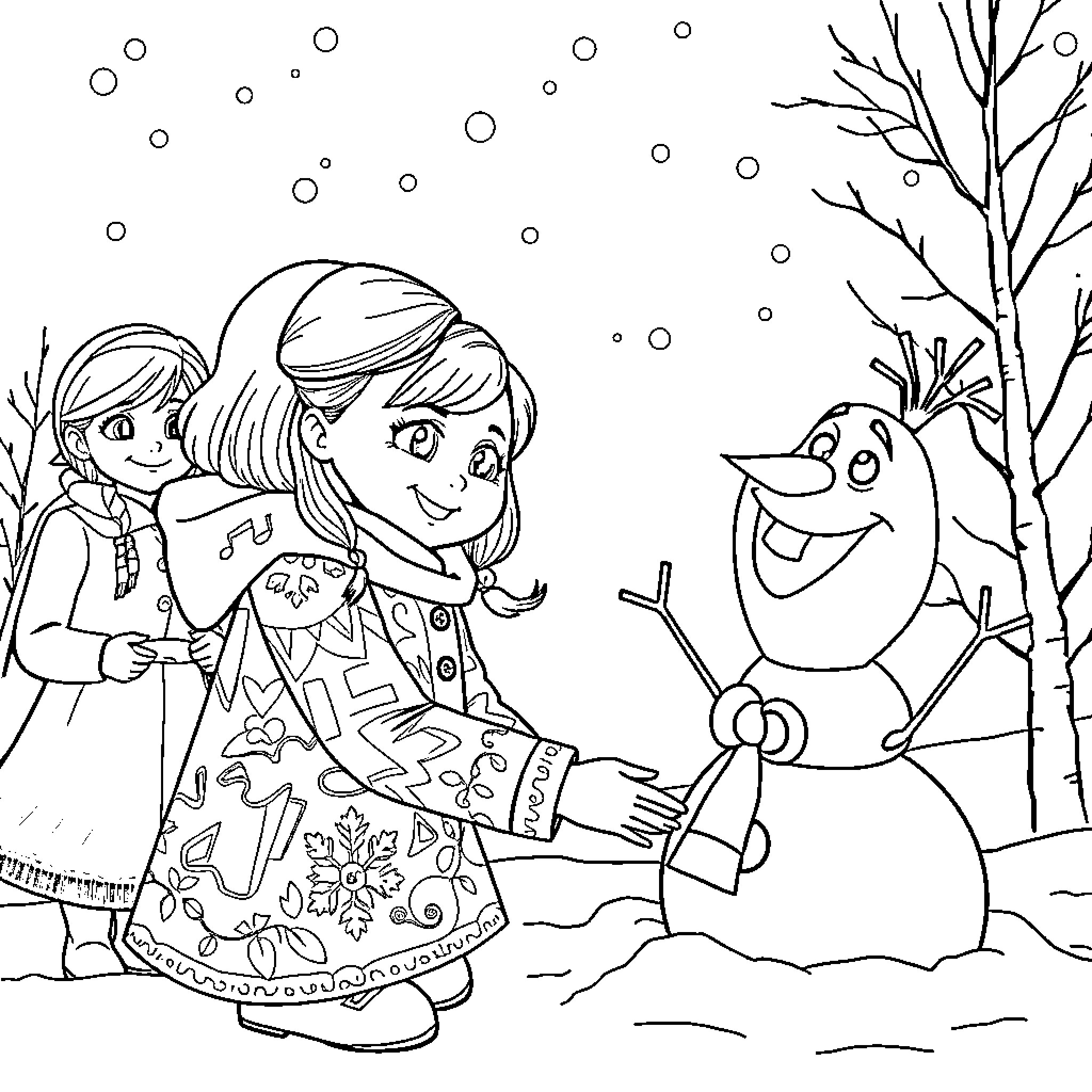 Girl making a snowman with friend in winter Coloring Page (free black-and-white line drawing printable PDF for all, from beginners to advanced learners, including children, teens, adults, and seniors)