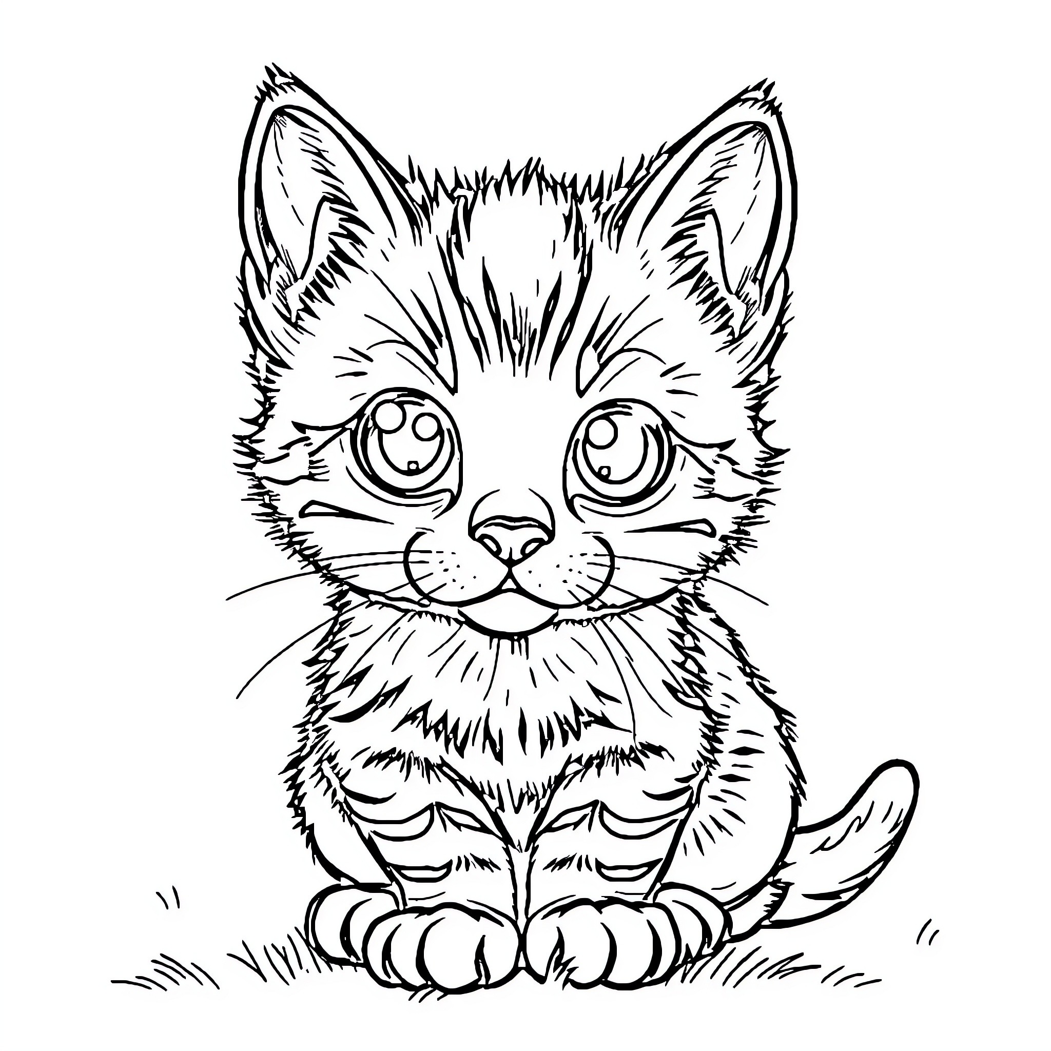 Cat facing the viewer with large eyes Coloring Page (free black-and-white line drawing printable PDF for all, from beginners to advanced learners, including children, teens, adults, and seniors)
