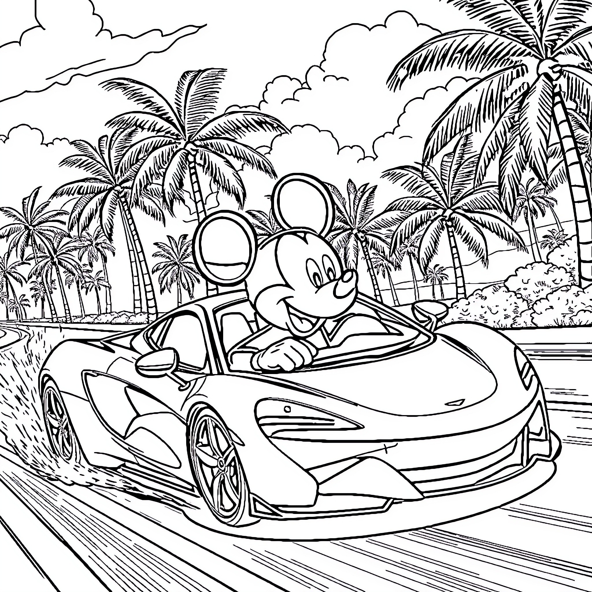 Mickey Mouse cruising in a sports car in a tropical landscape Coloring Page (free black-and-white line drawing printable PDF for all, from beginners to advanced learners, including children, teens, adults, and seniors)