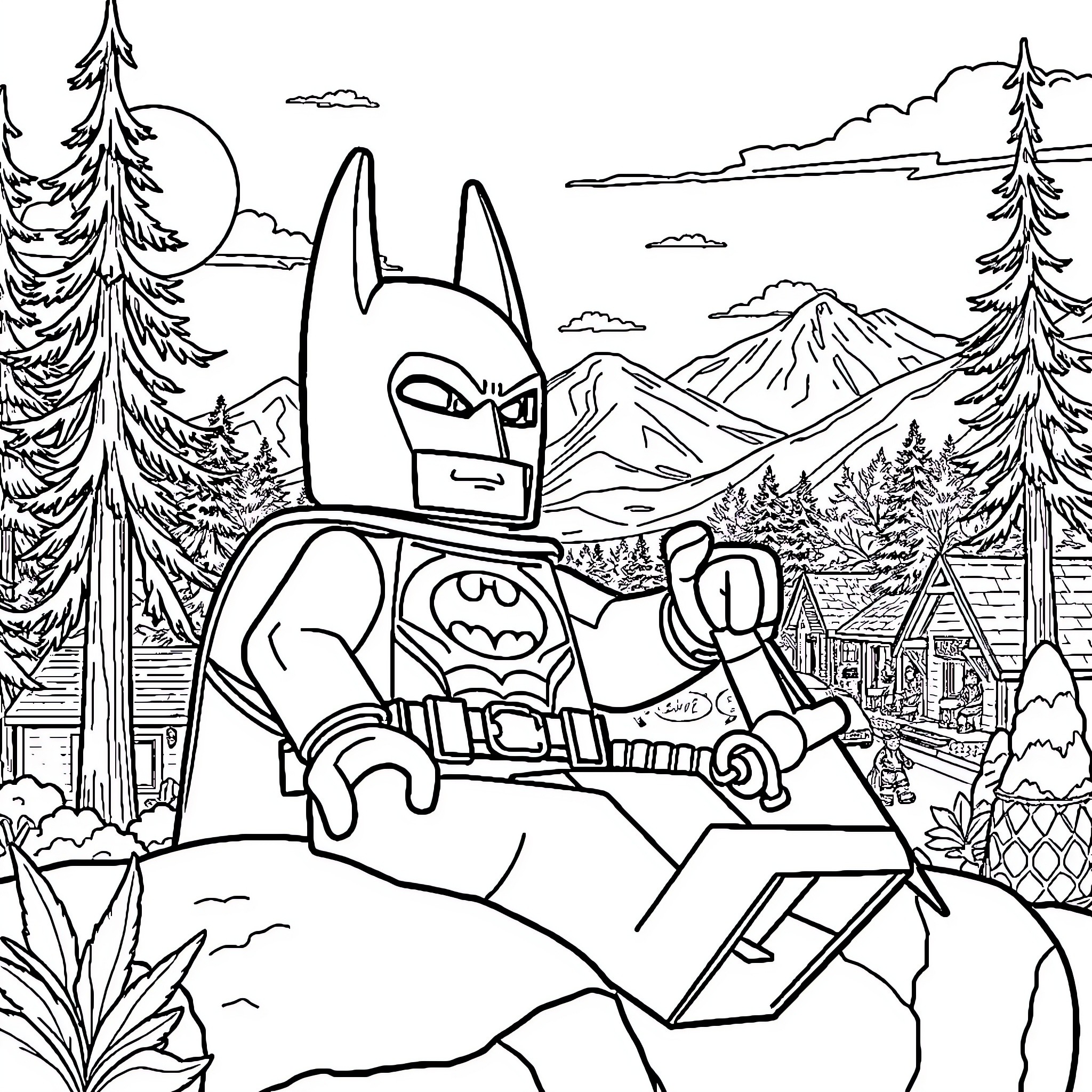 Lego Batman exploring a mountainous landscape Coloring Page (free black-and-white line drawing printable PDF for all, from beginners to advanced learners, including children, teens, adults, and seniors)