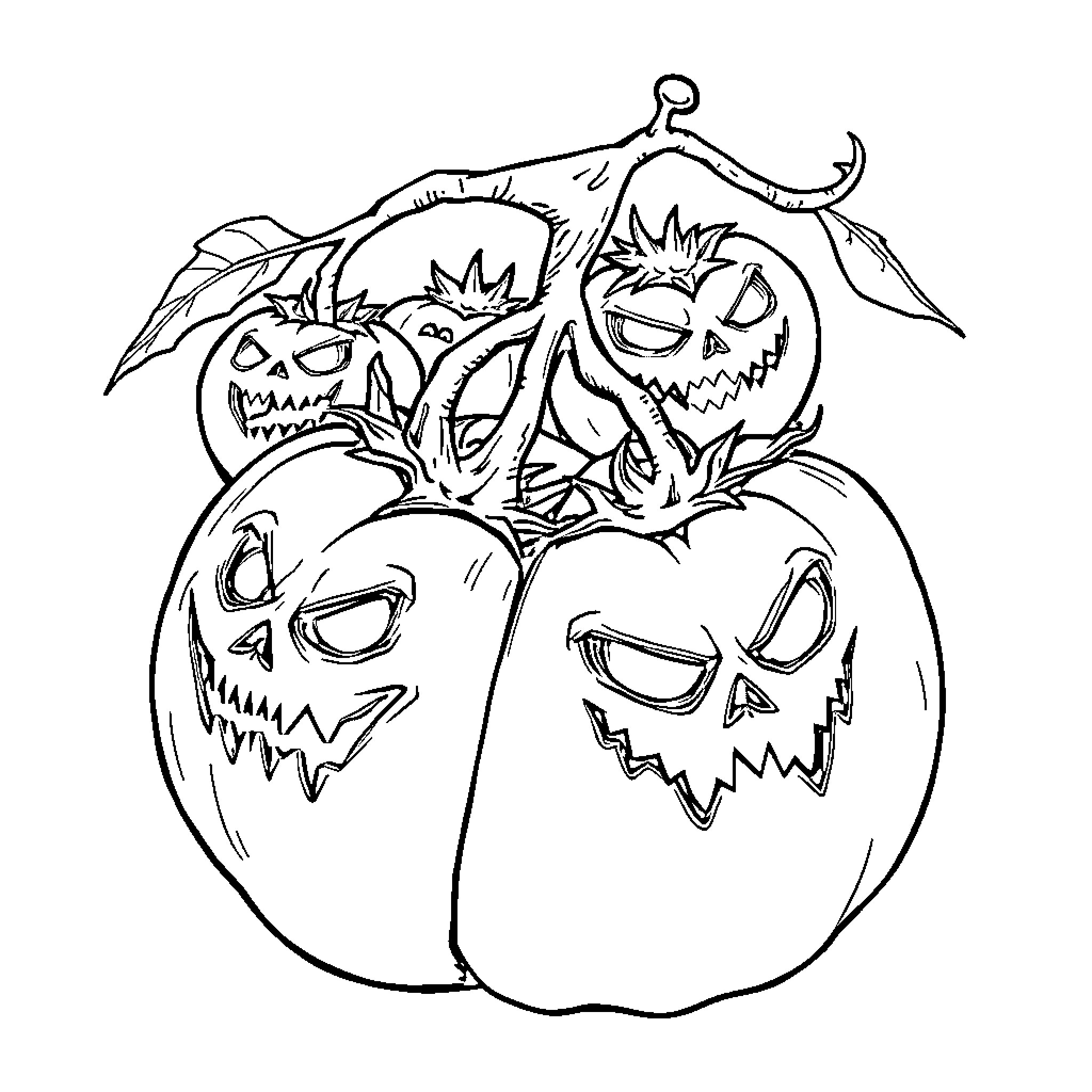 Tomato monsters emerge from a pumpkin patch Coloring Page (free black-and-white line drawing printable PDF for all, from beginners to advanced learners, including children, teens, adults, and seniors)
