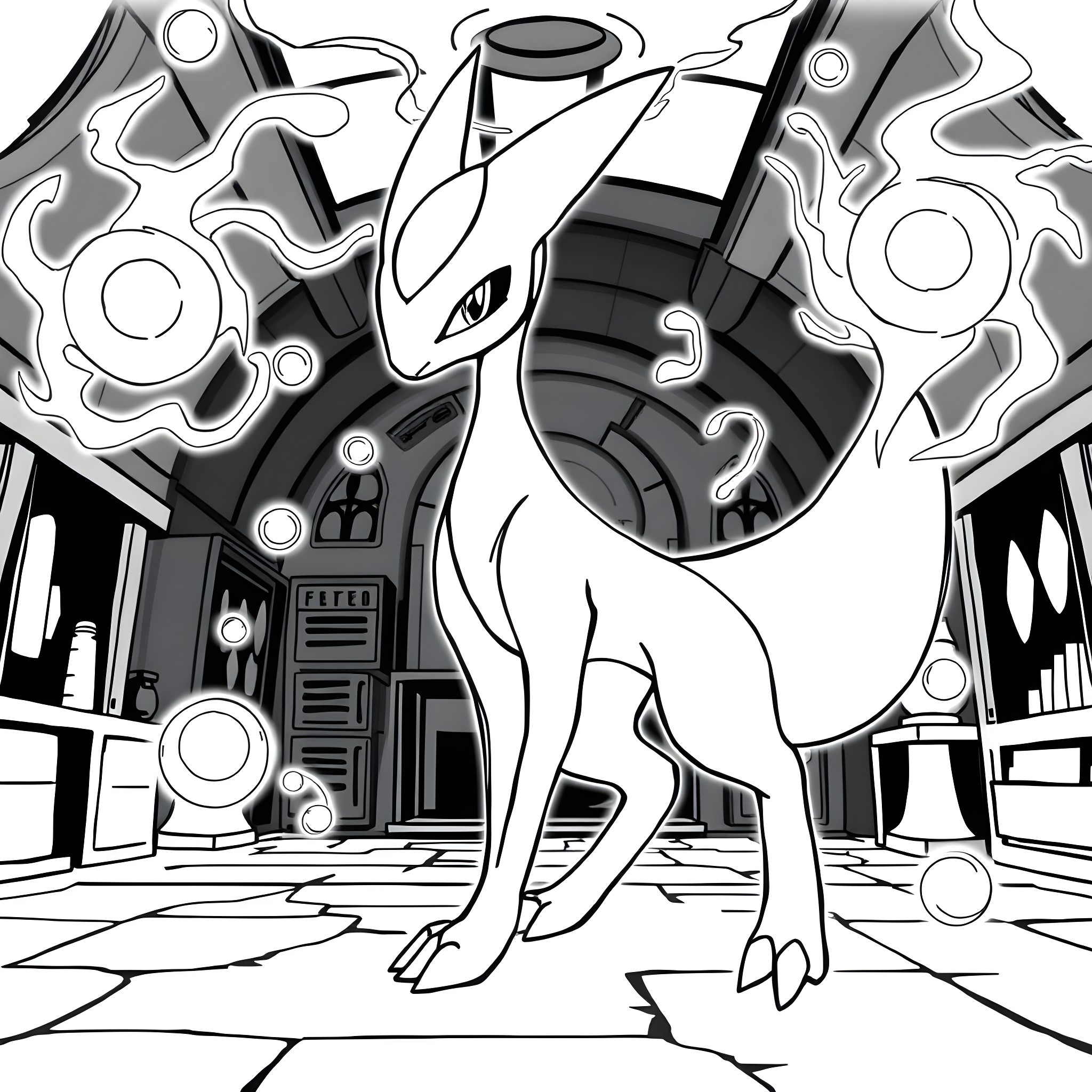Mewtwo in a futuristic sci-fi setting Coloring Page (free black-and-white line drawing printable PDF for all, from beginners to advanced learners, including children, teens, adults, and seniors)