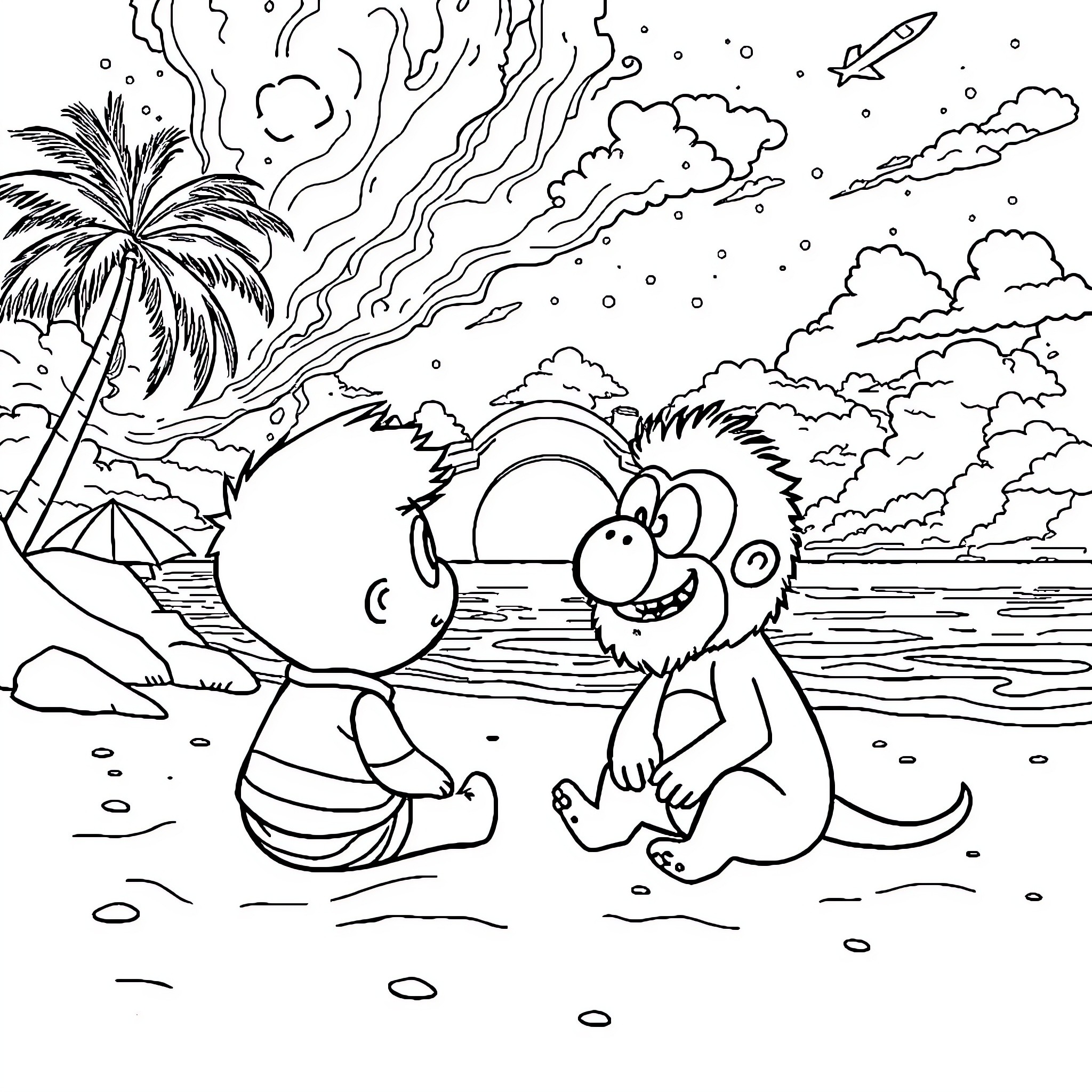 Gumball Characters Playing on the Beach Coloring Page (free black-and-white line drawing printable PDF for all, from beginners to advanced learners, including children, teens, adults, and seniors)