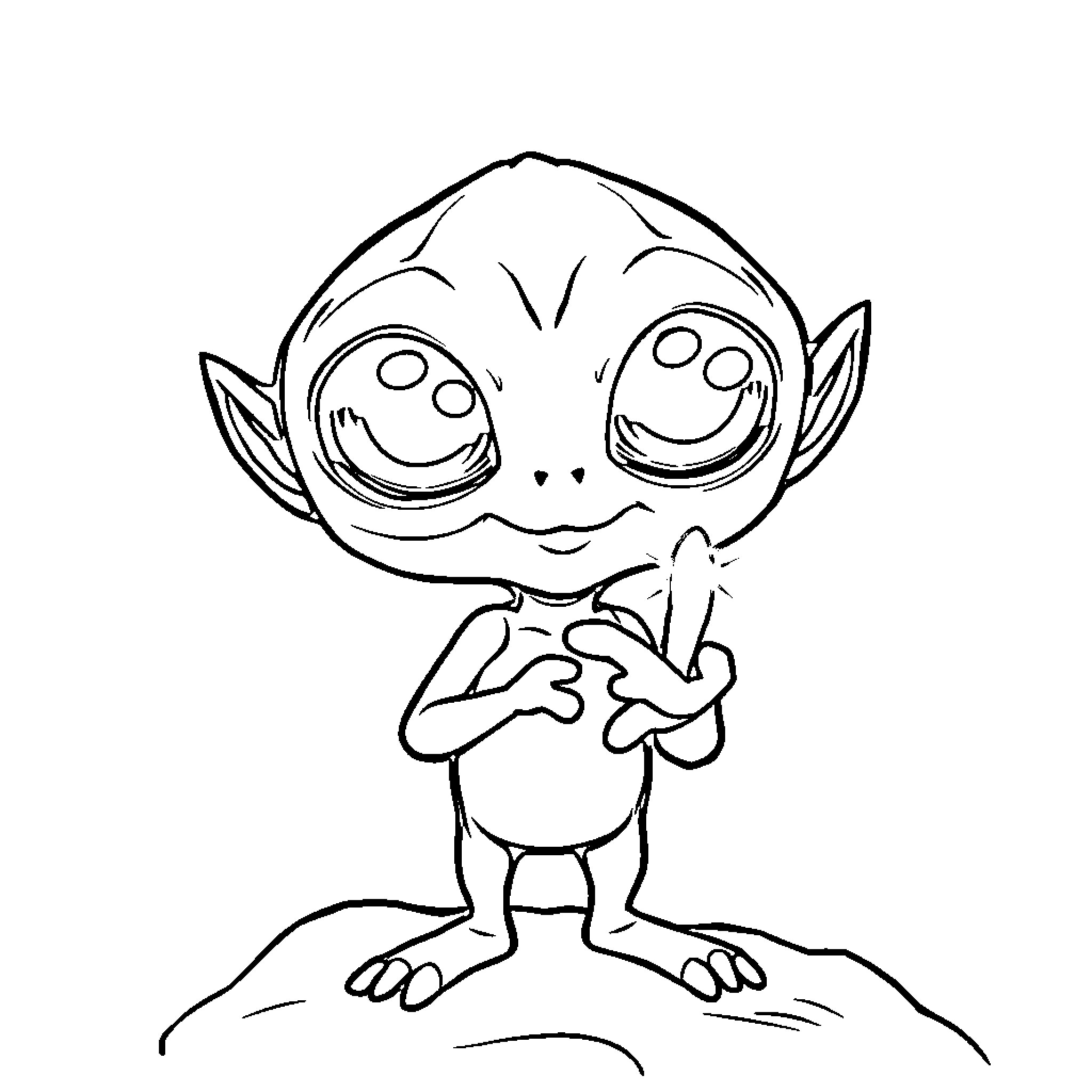 ET creature waving and expressing happiness Coloring Page (free black-and-white line drawing printable PDF for all, from beginners to advanced learners, including children, teens, adults, and seniors)